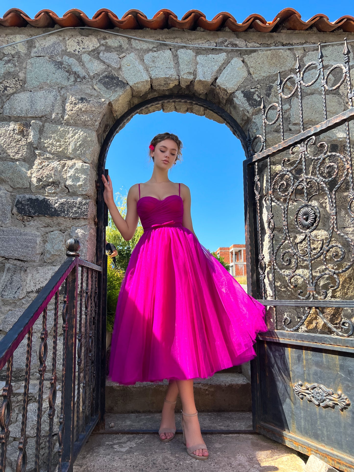 Pink midi dress with spaghetti straps