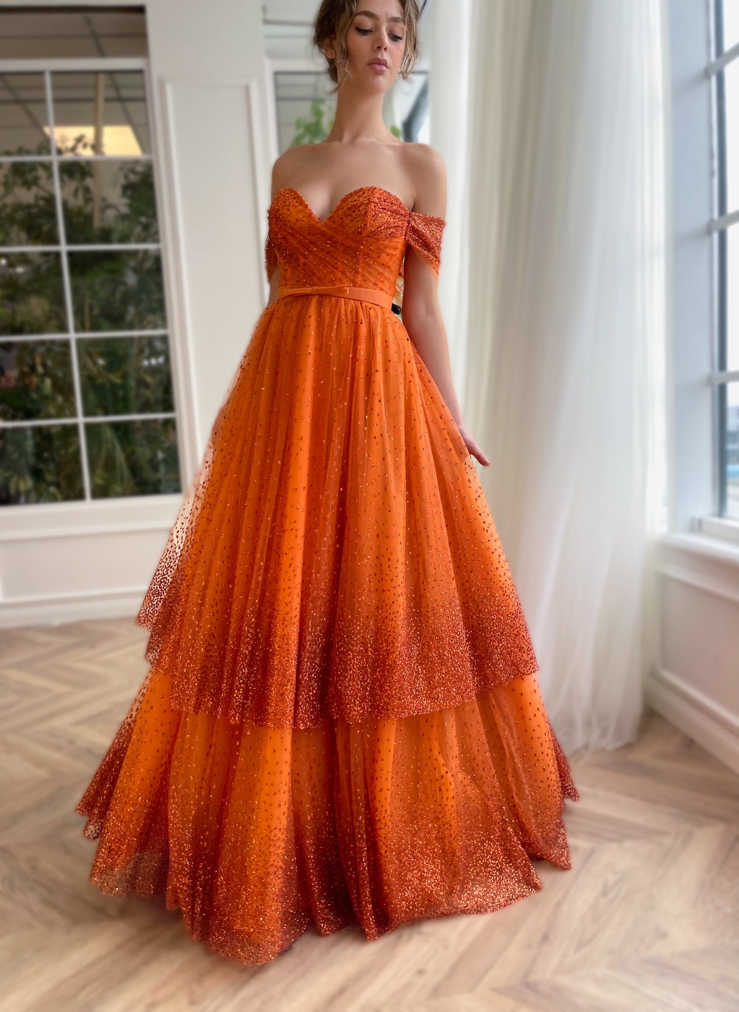 Orange A-Line dress with off the shoulder sleeves