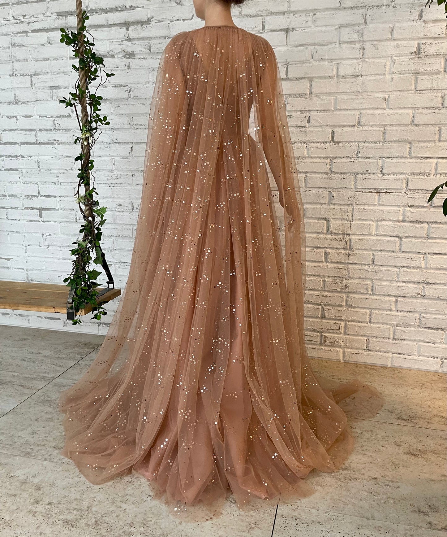 Brown A-Line dress with v-neck, cape sleeves and starry fabric