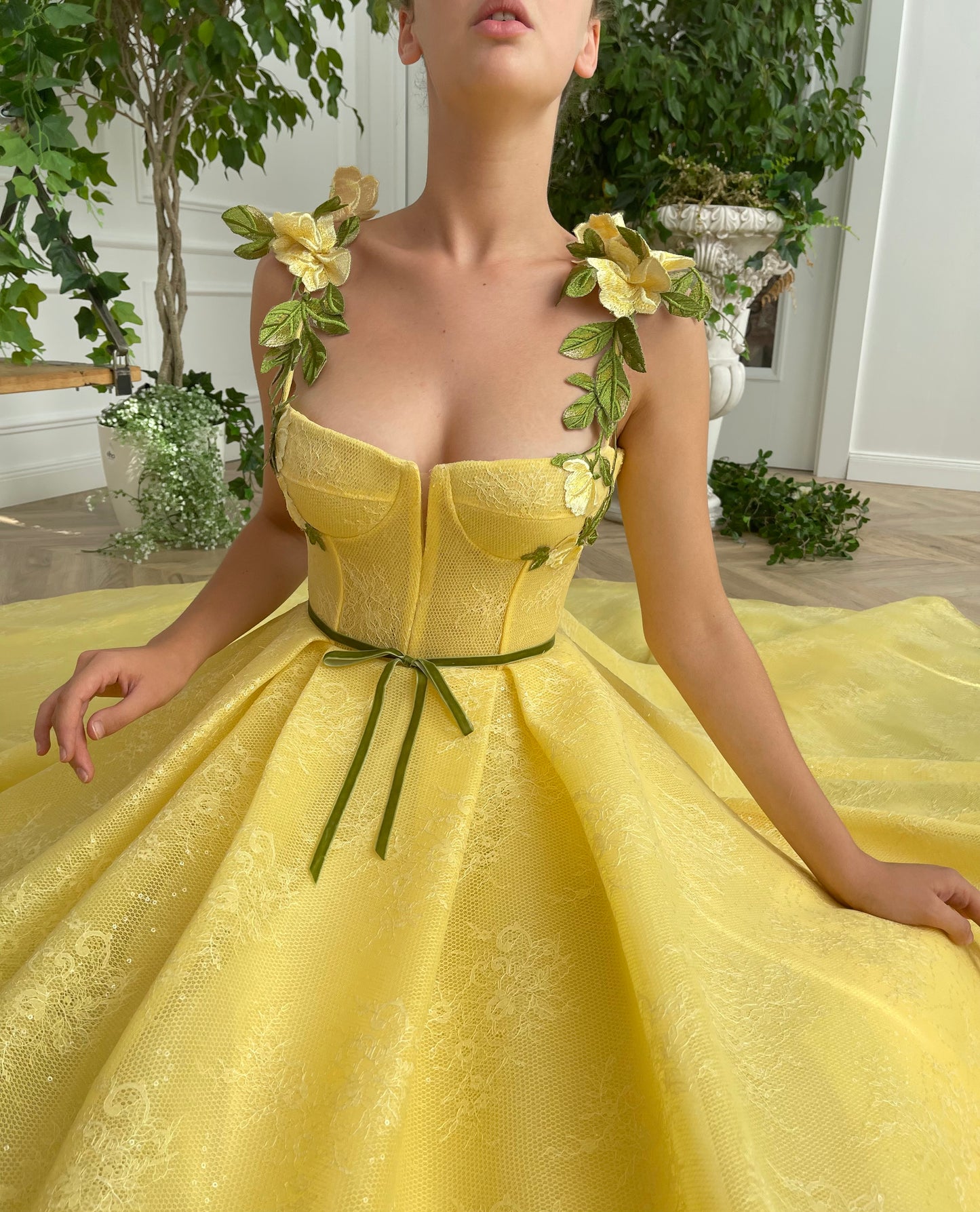 Yellow A-Line dress with embroidery and spaghetti straps