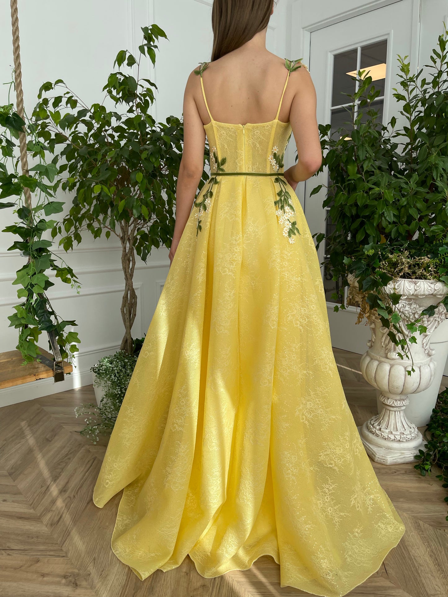 Yellow A-Line dress with embroidery and spaghetti straps
