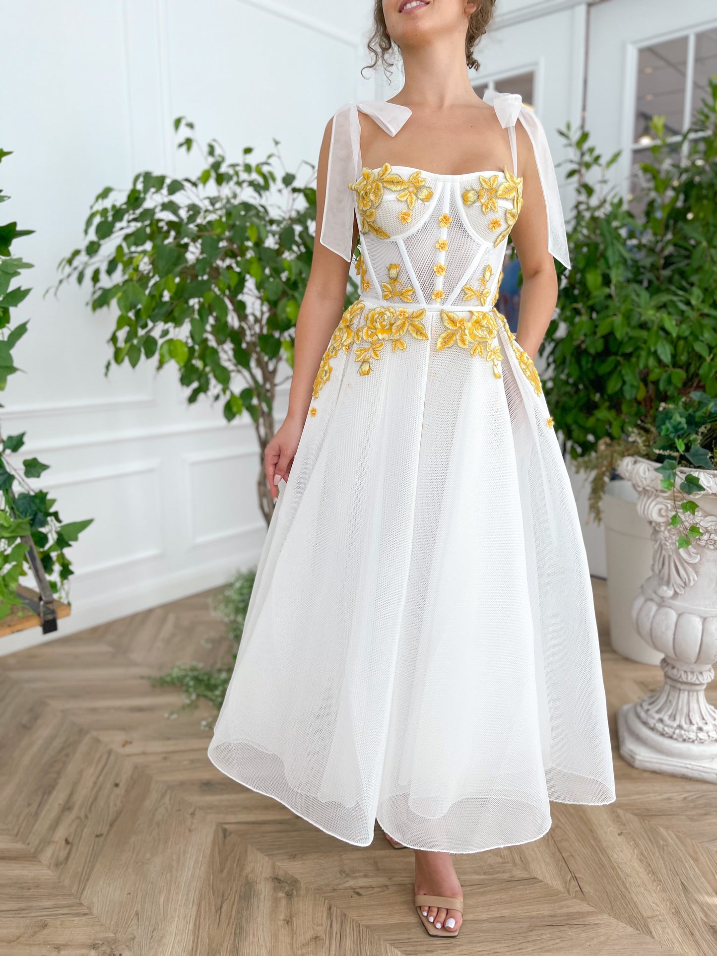 Midi white bridal dress with embroidered flowers and straps