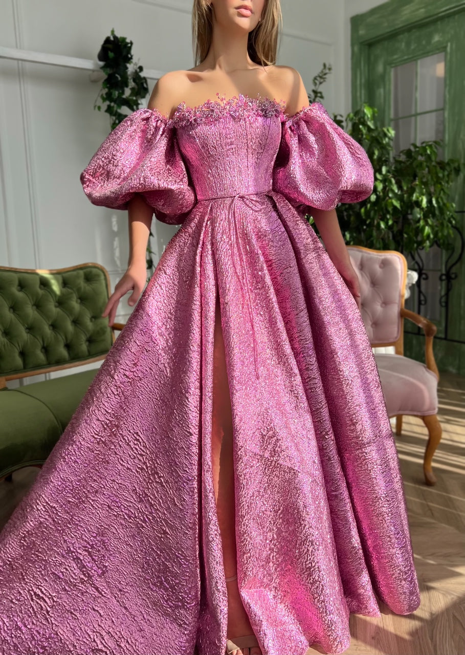 Pink A-Line dress with off the shoulder sleeves, embroidery and taffeta brocade fabric