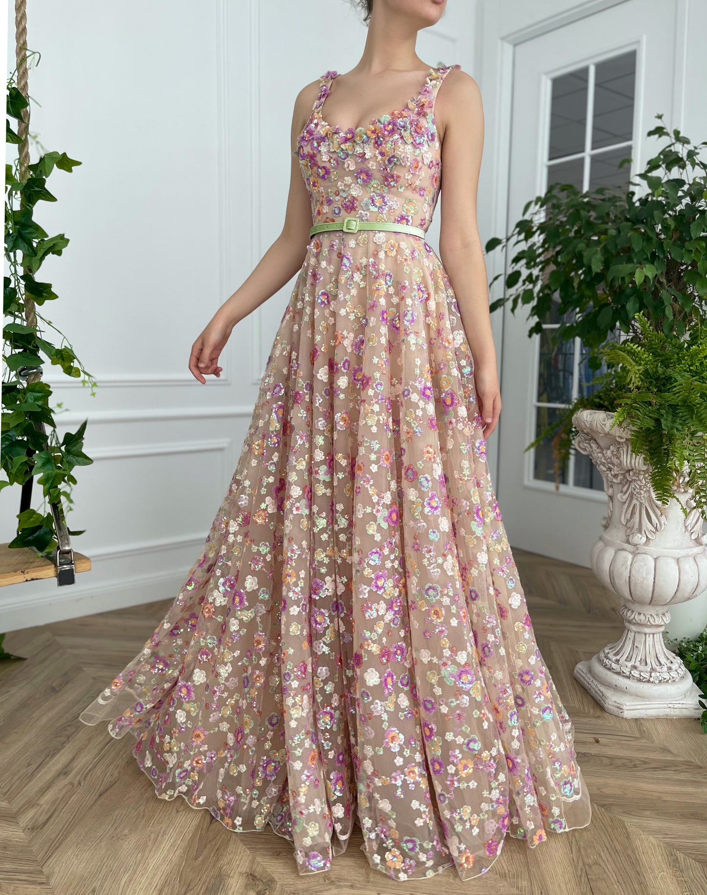 Pink A-Line dress with straps, belt and embroidery