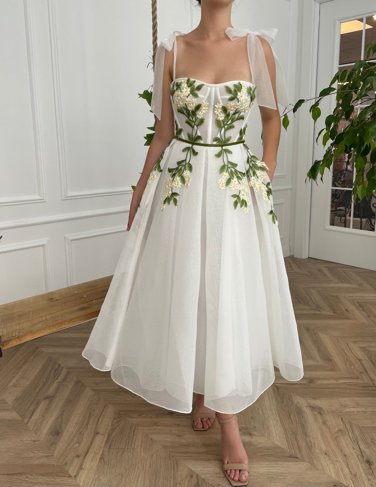 Midi white bridal dress with embroidered flowers and straps