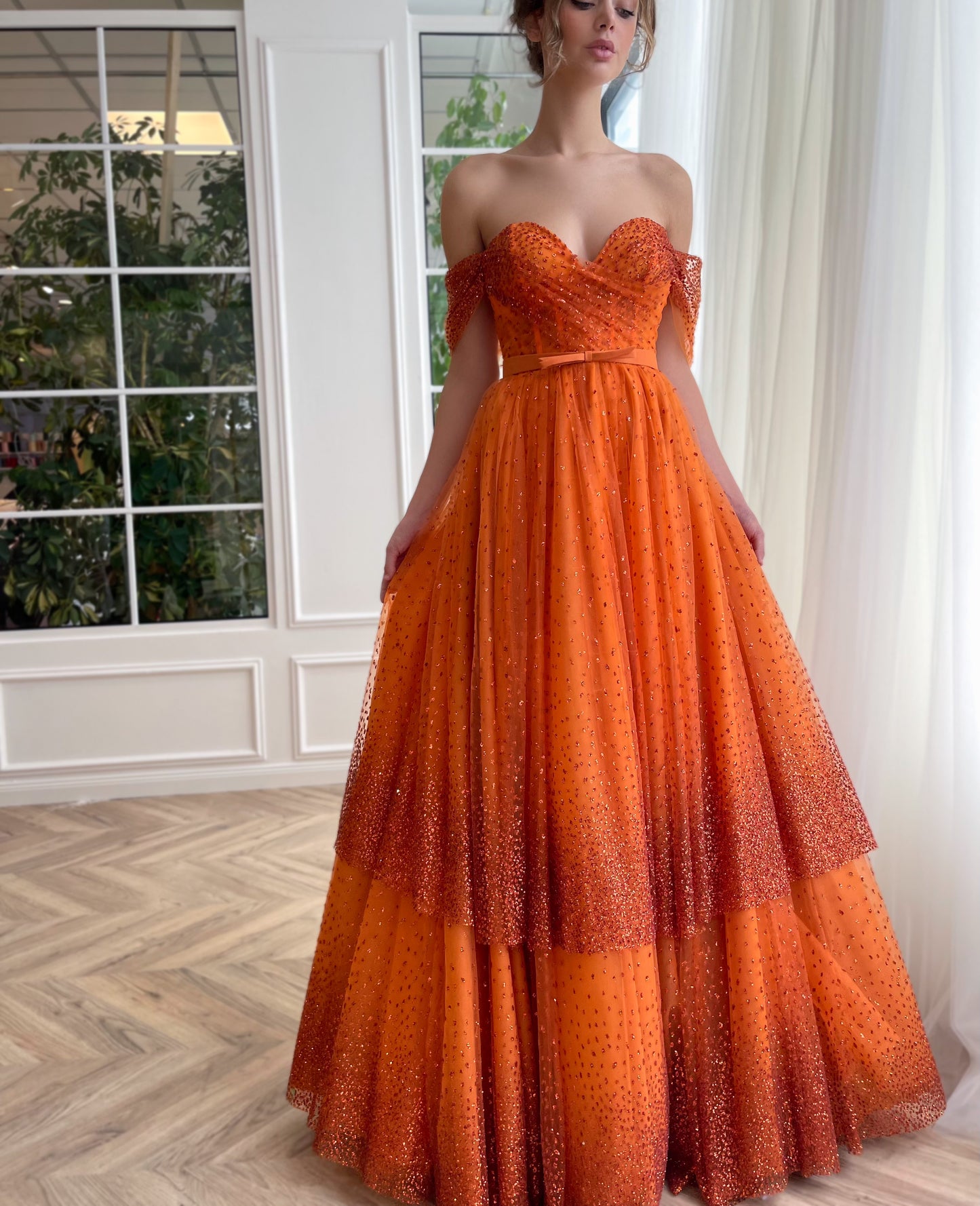 Orange A-Line dress with off the shoulder sleeves