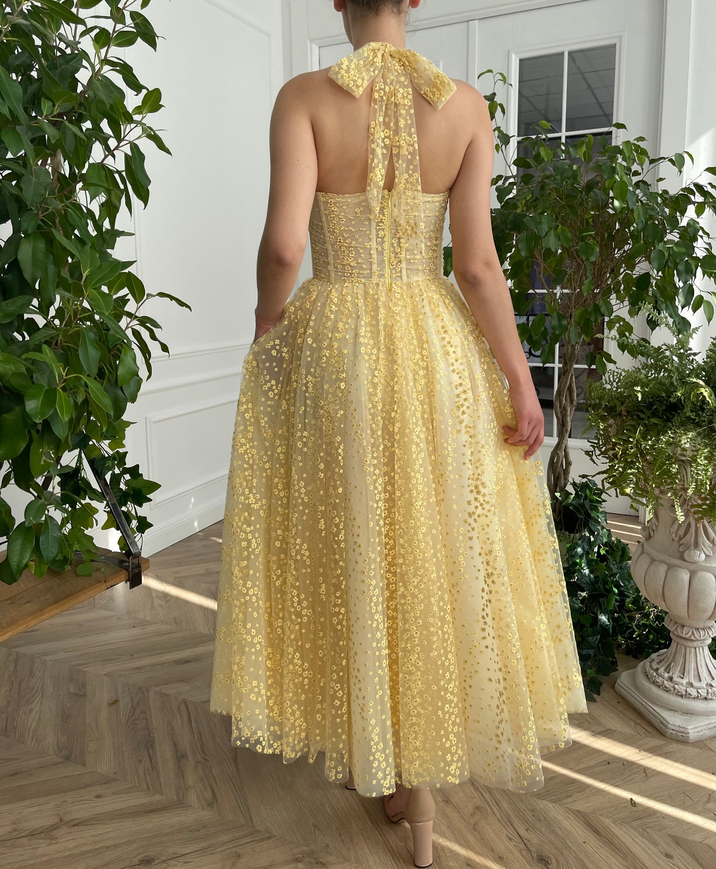 Yellow midi dress with spaghetti straps