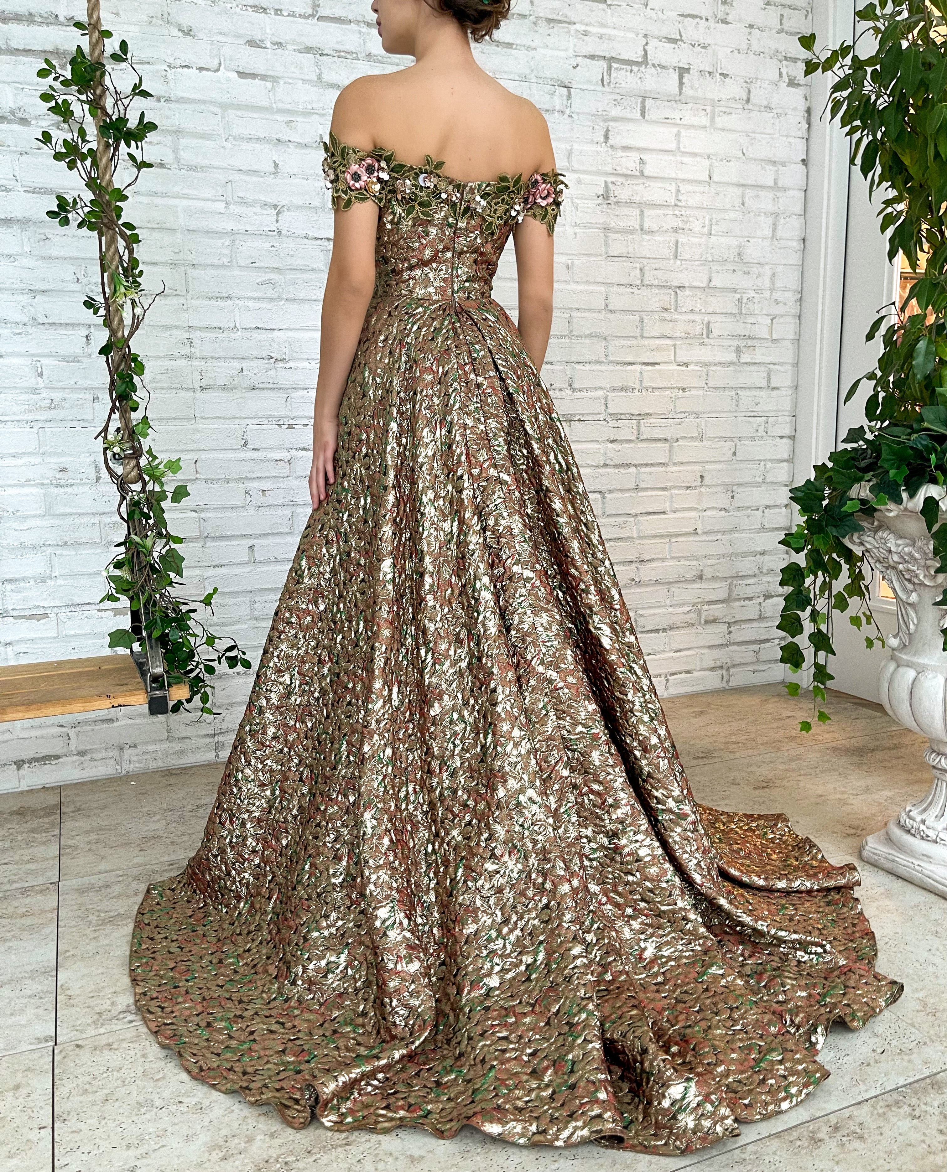 Brown A-Line dress with off the shoulder sleeves and embroidery