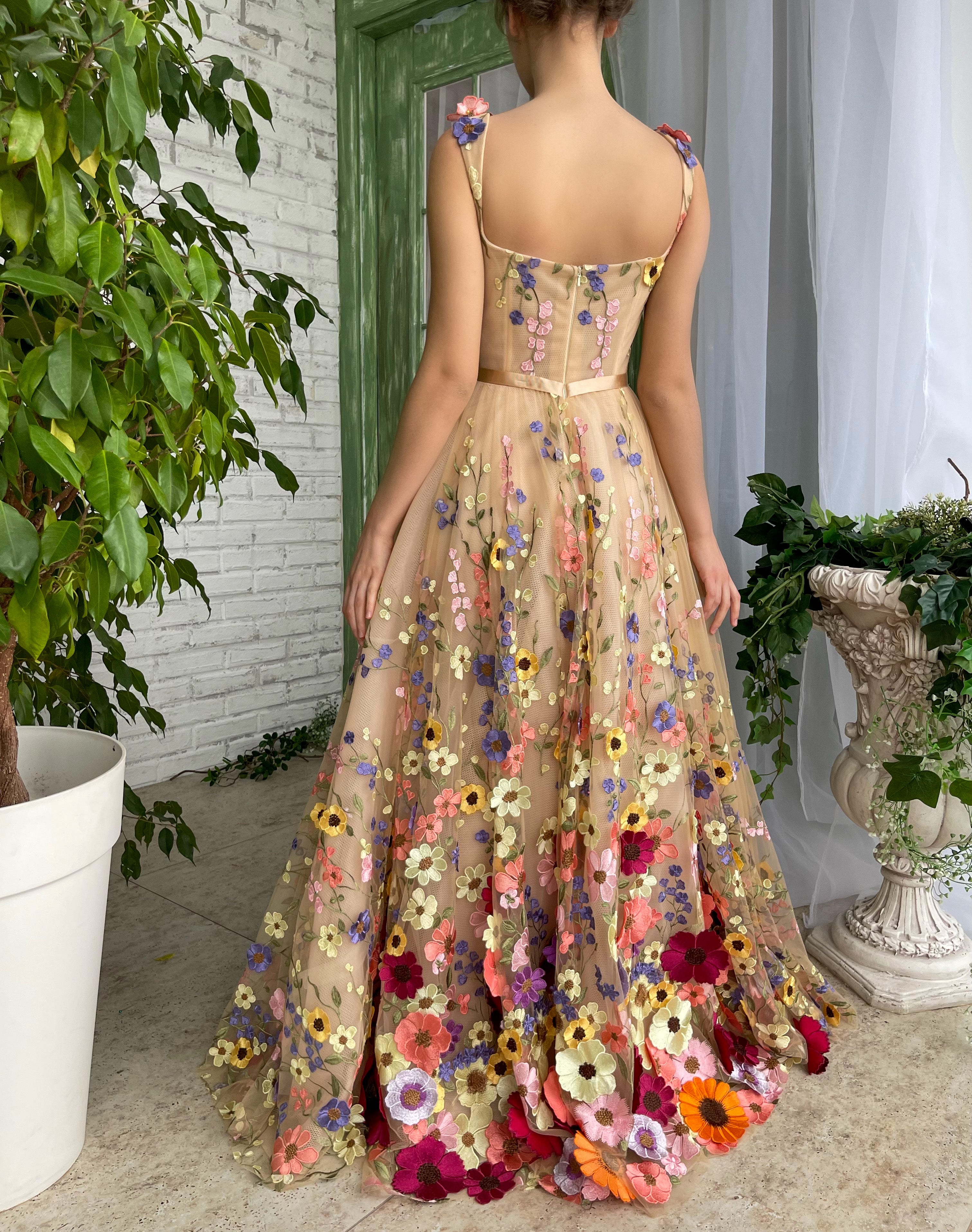 Beige A-Line dress with flowers, spaghetti straps and embroidery