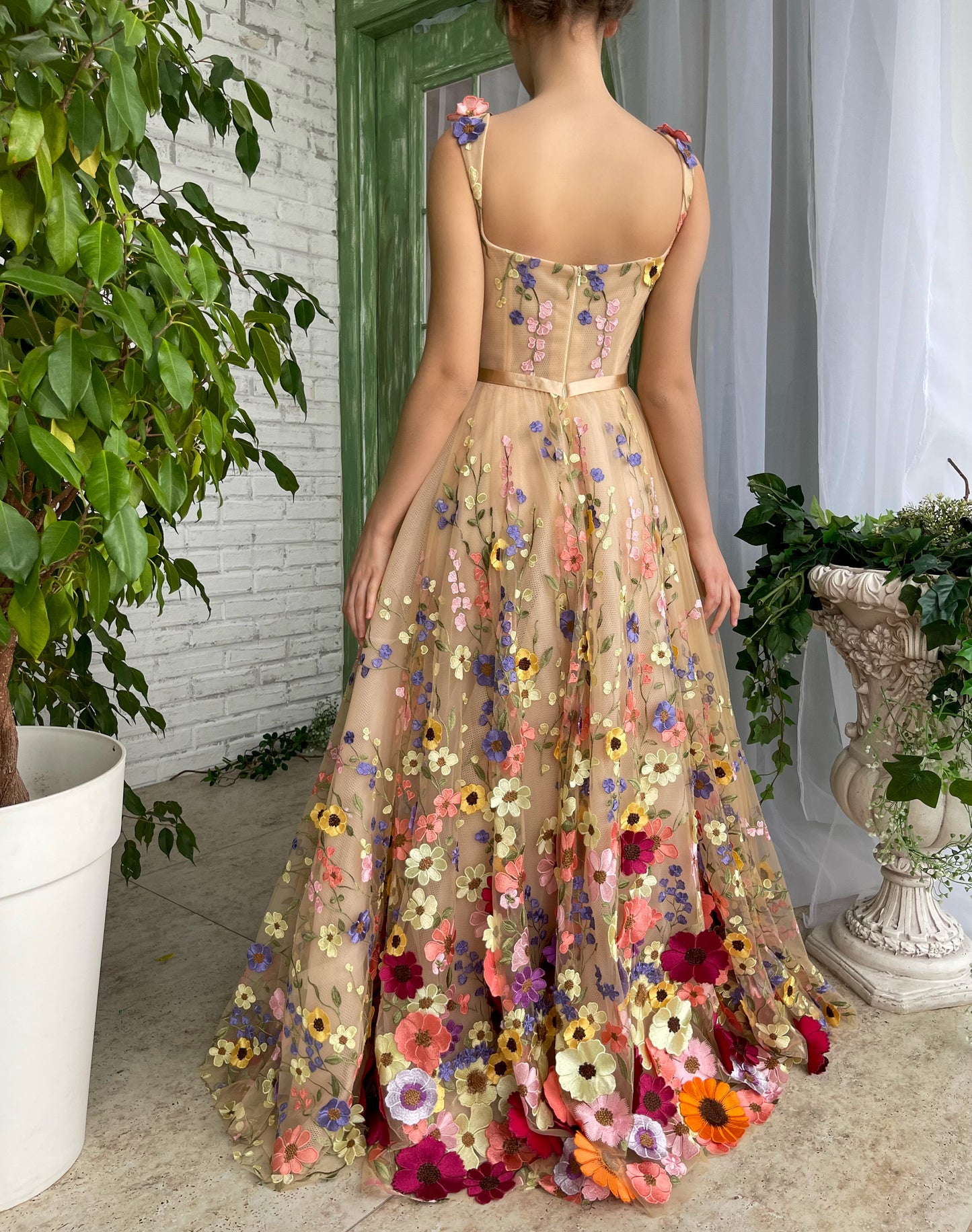 Beige A-Line dress with flowers, spaghetti straps and embroidery