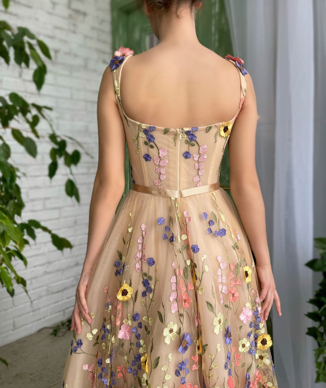 Beige A-Line dress with flowers, spaghetti straps and embroidery