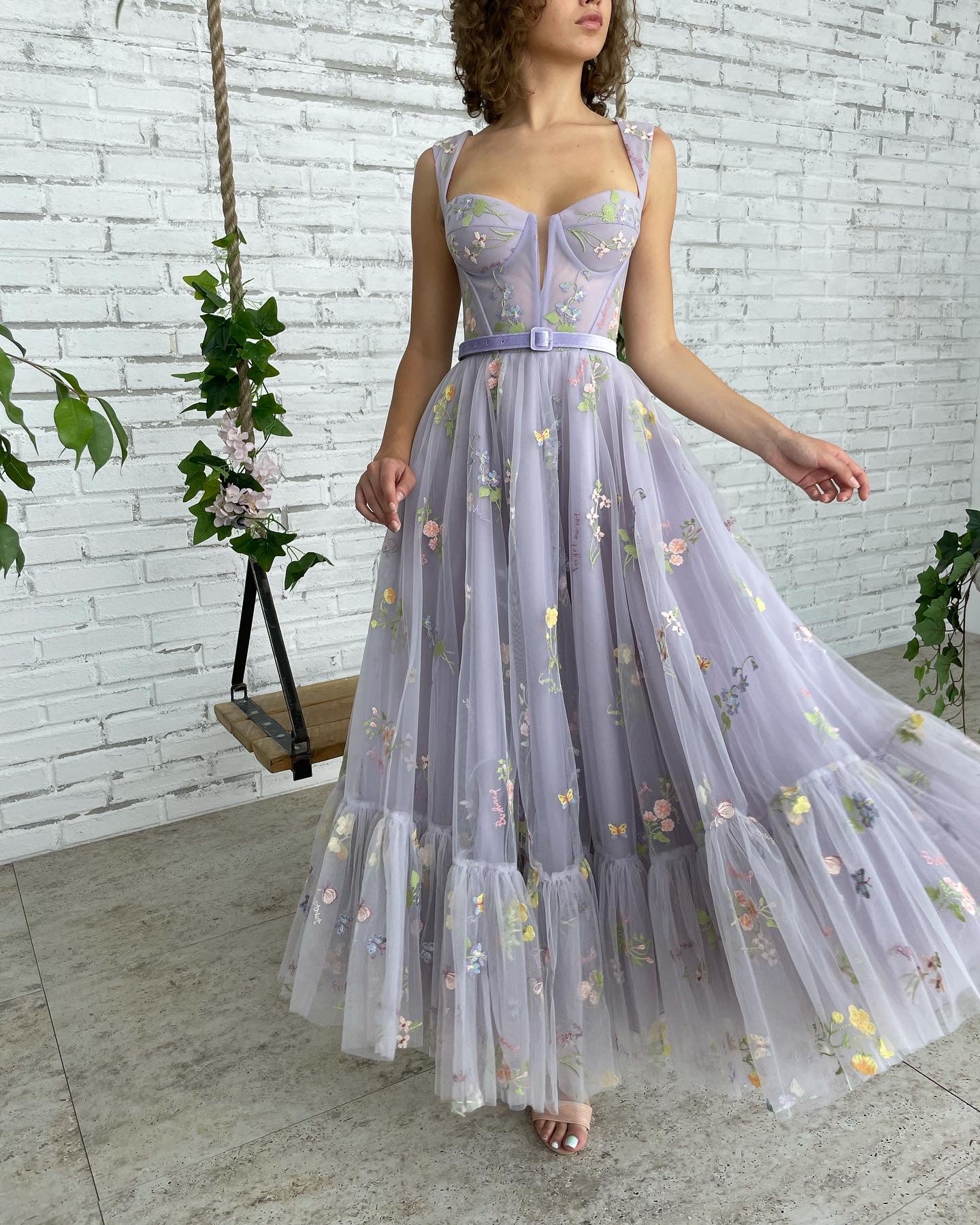 Purple midi dress with belt, flowers and straps