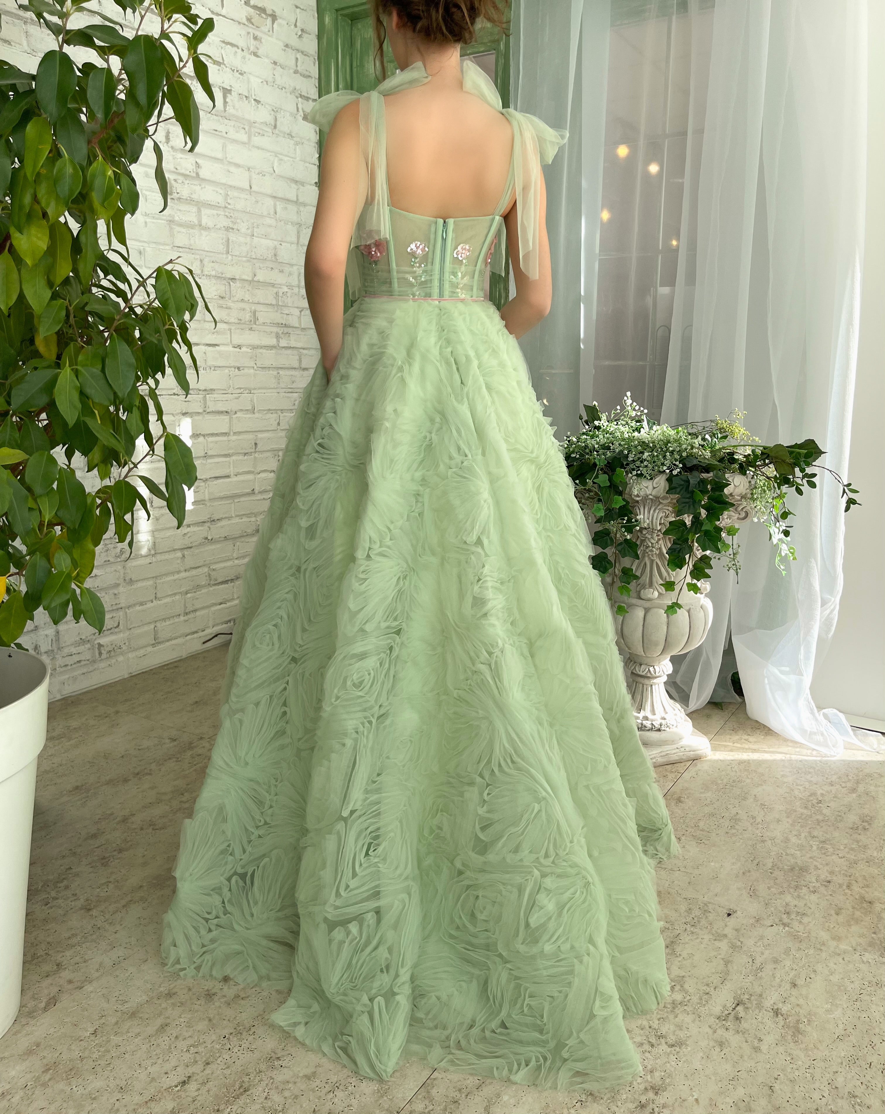Green A-Line dress with bow straps and embroidery