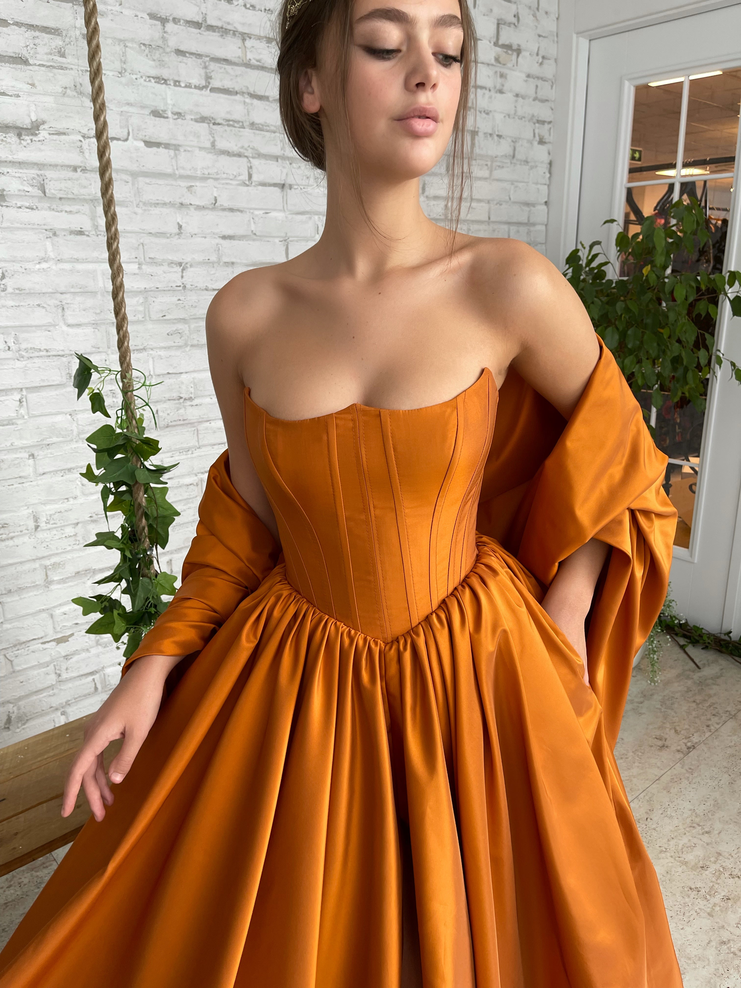 Orange A-Line dress with cape sleeves