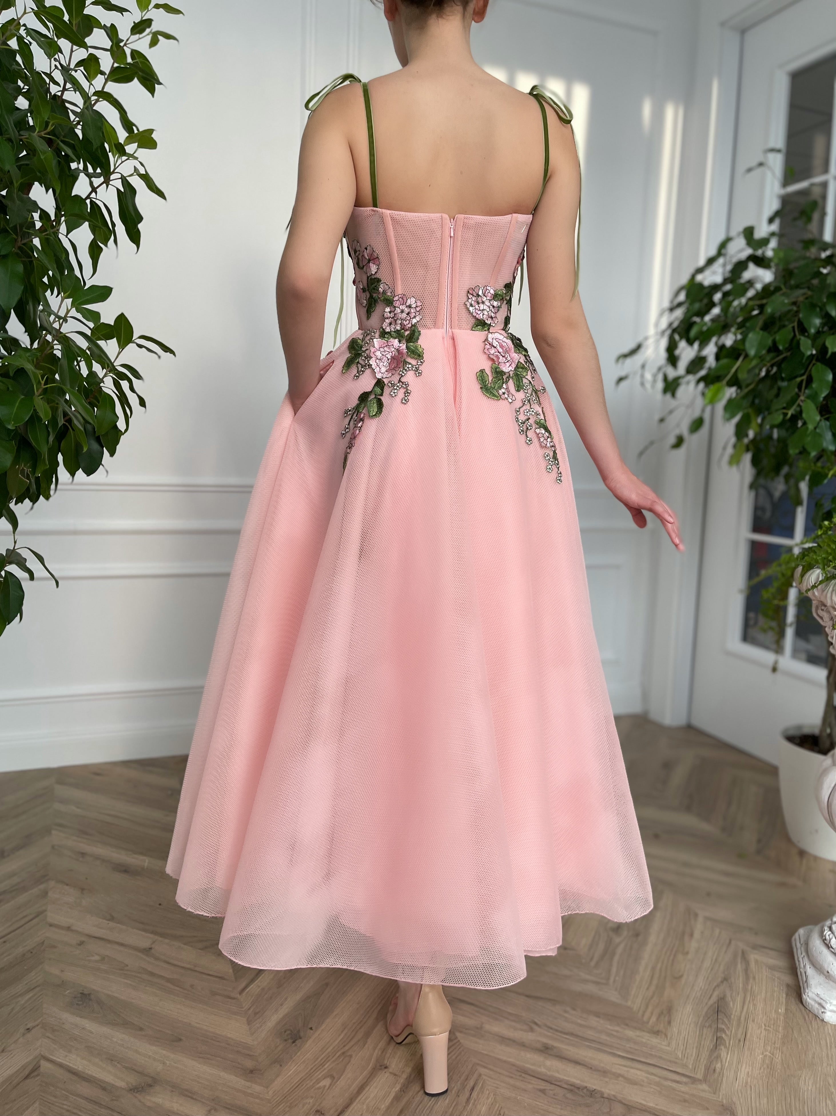Pink midi dress with embroidery and spaghetti straps