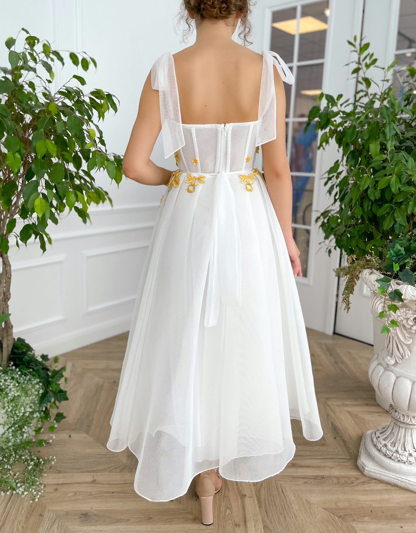 Midi white bridal dress with embroidered flowers and straps