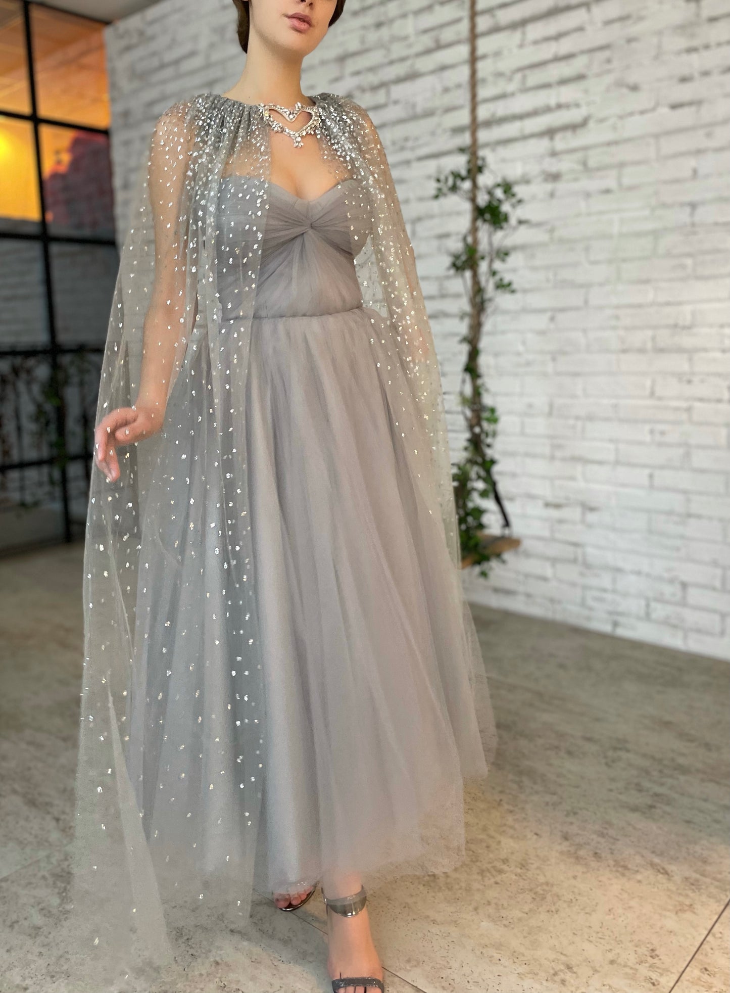 Grey midi dress with cape and belt