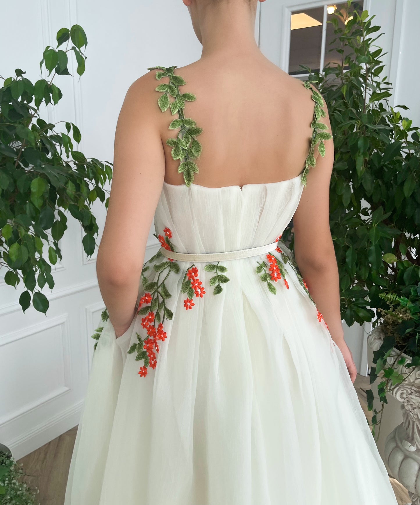 White bridal A-Line dress with belt, spaghetti straps and embroidery