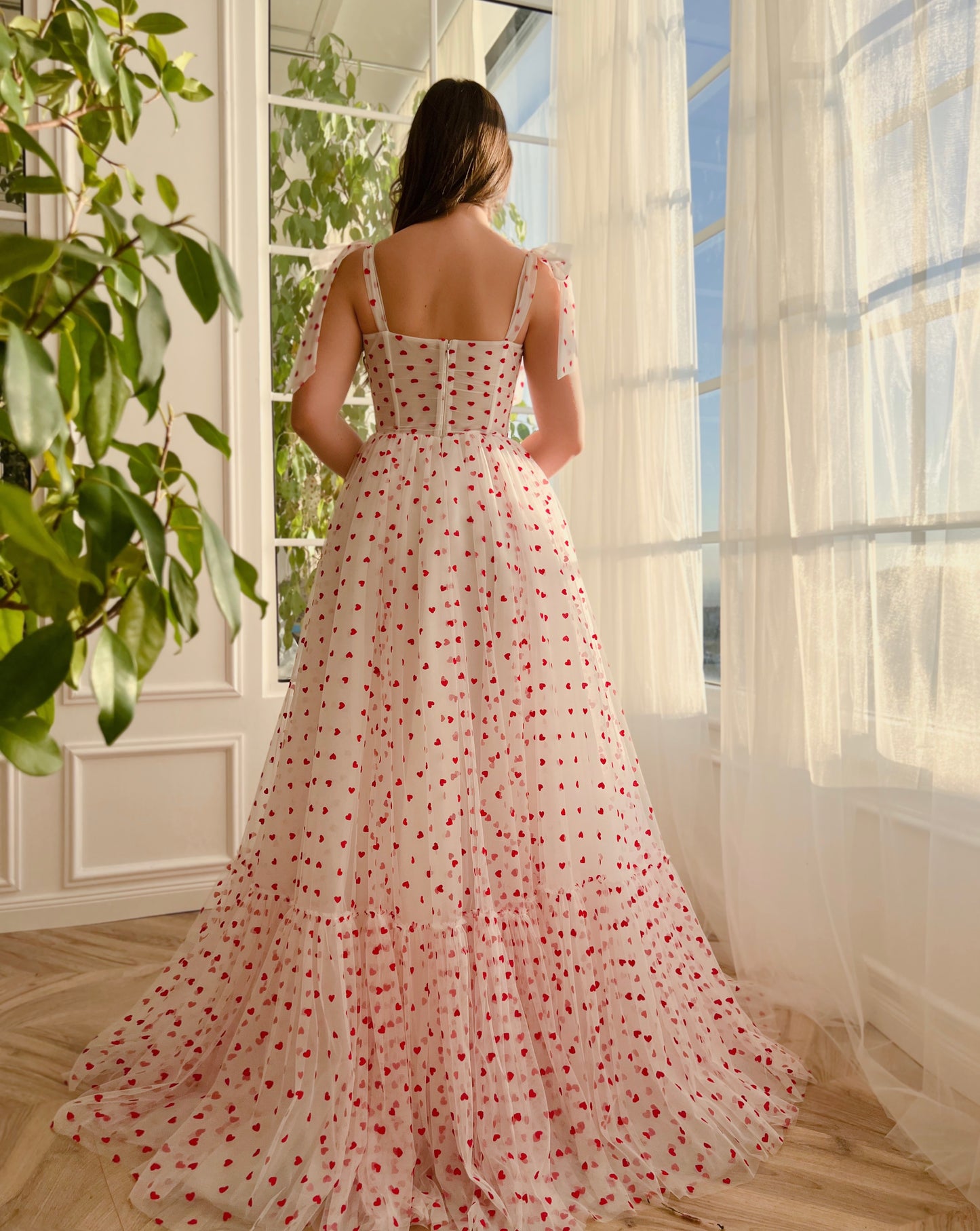 White A-Line dress with hearty print and bow straps