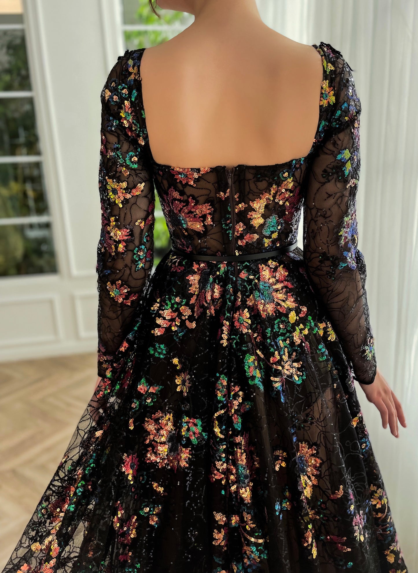 Black A-Line dress with flowers, embroidery, belt and long sleeves