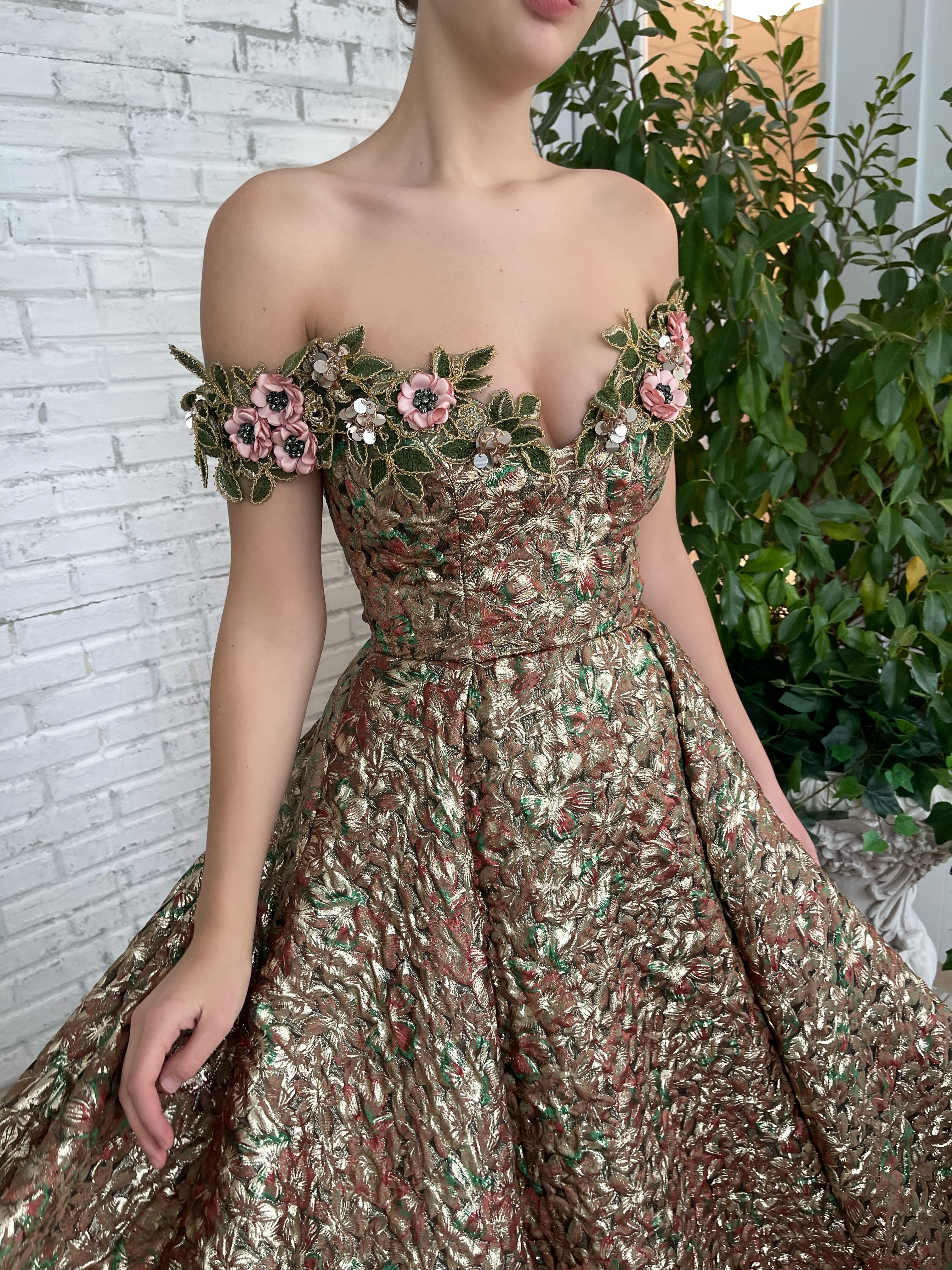 Brown A-Line dress with off the shoulder sleeves and embroidery