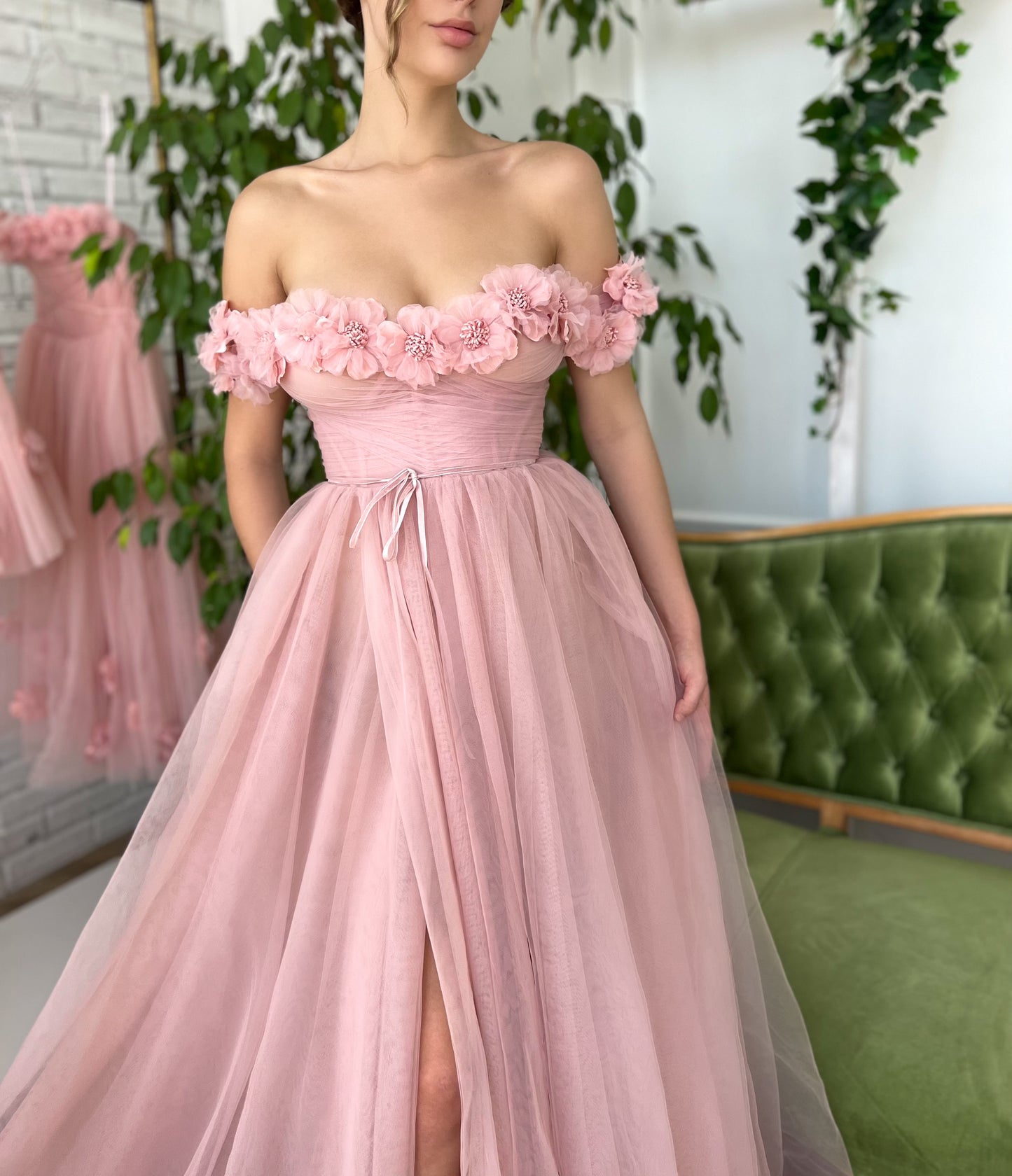 Pink A-Line dress with off the shoulder sleeves, embroidery and flowers