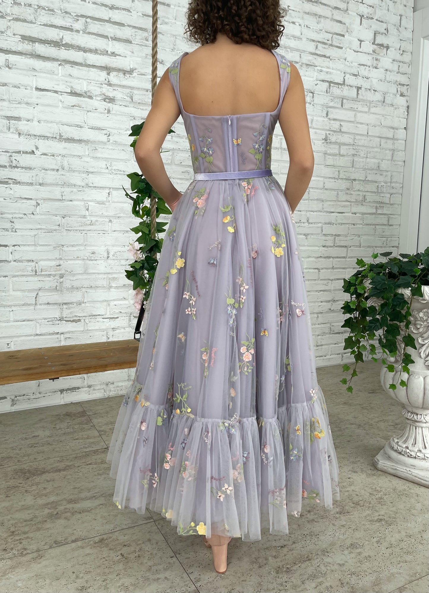 Purple midi dress with belt, flowers and straps
