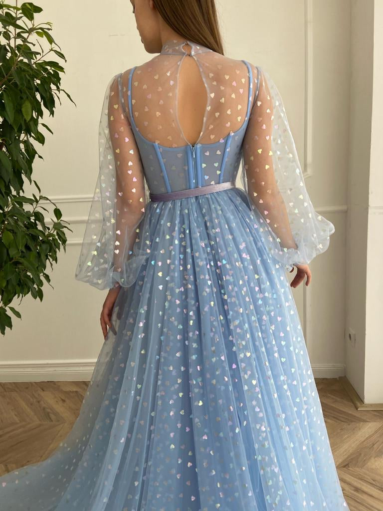 Blue A-Line dress with long sleeves, hearty fabric and belt