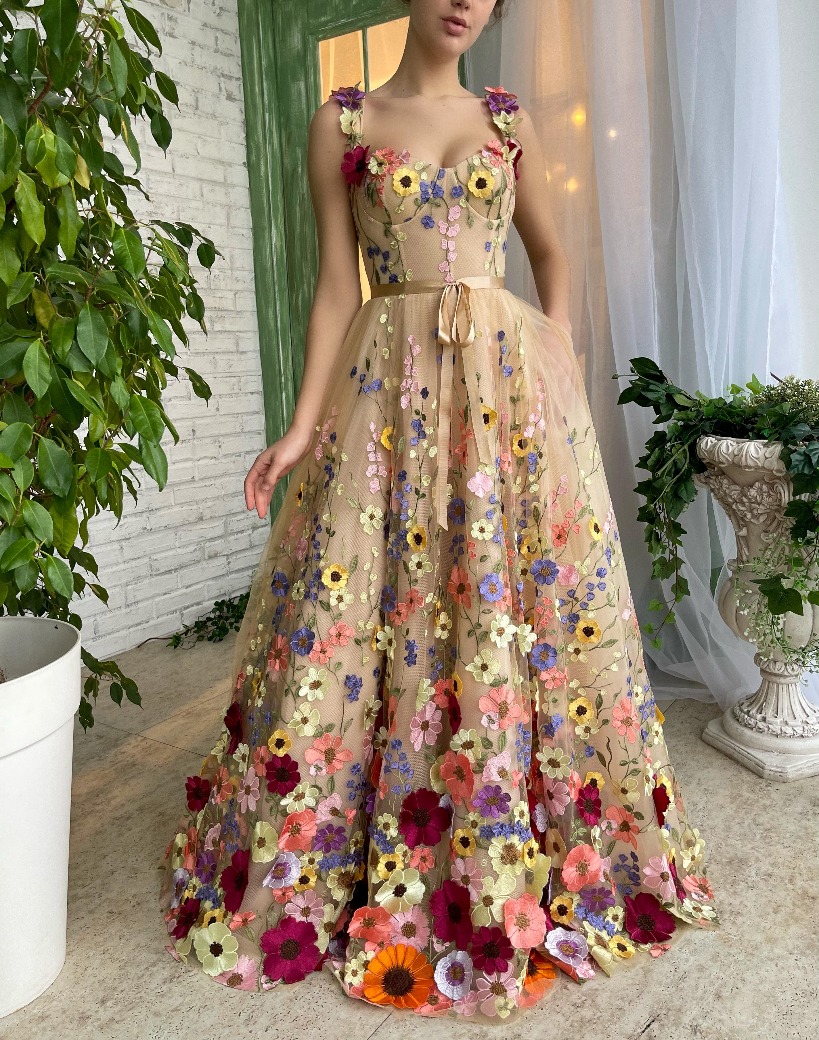 Beige A-Line dress with flowers, spaghetti straps and embroidery