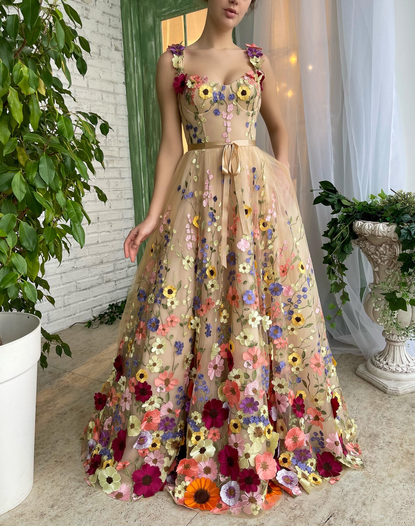 Beige A-Line dress with flowers, spaghetti straps and embroidery