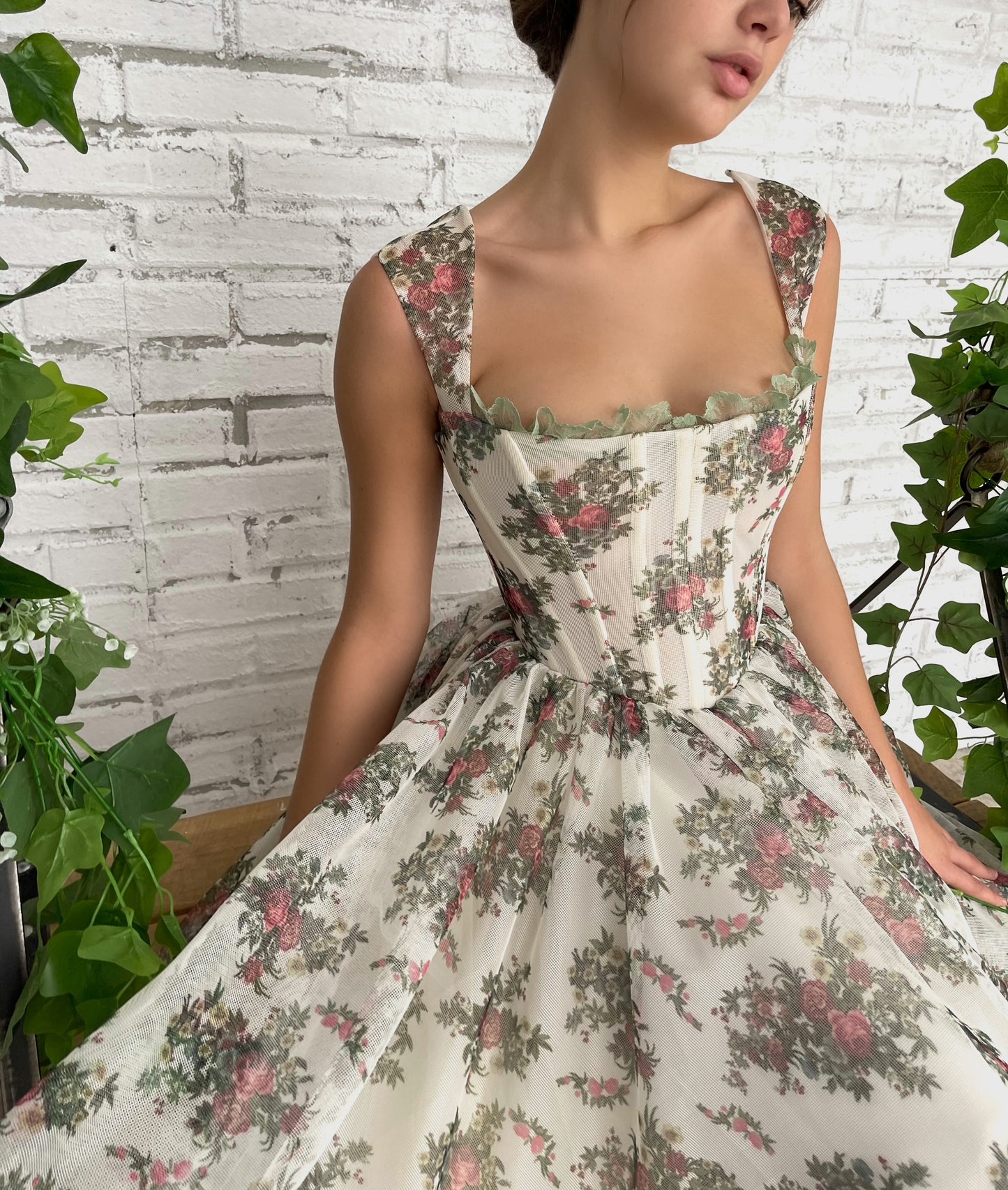 White midi dress with printed flowers and straps
