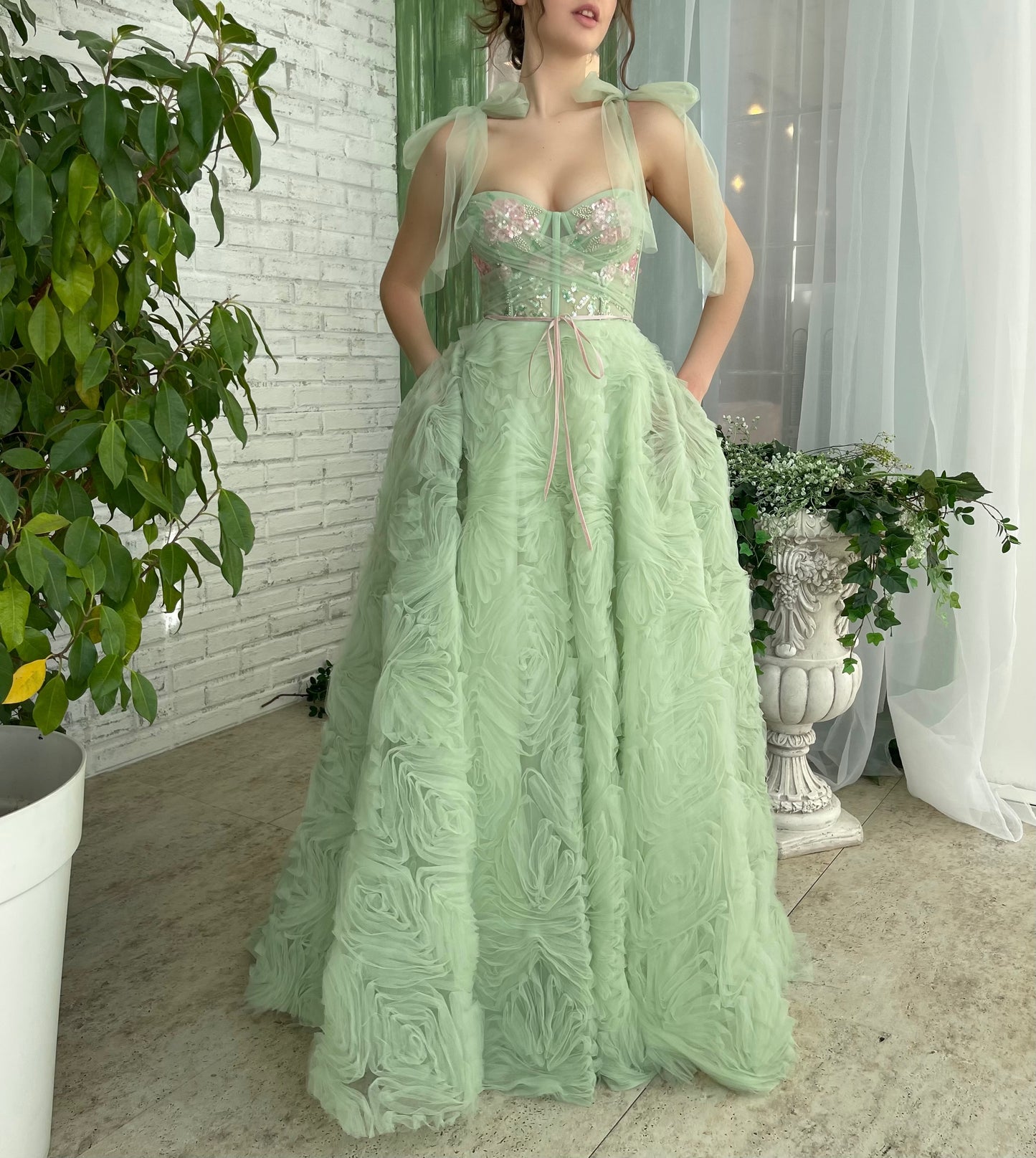 Green A-Line dress with bow straps and embroidery