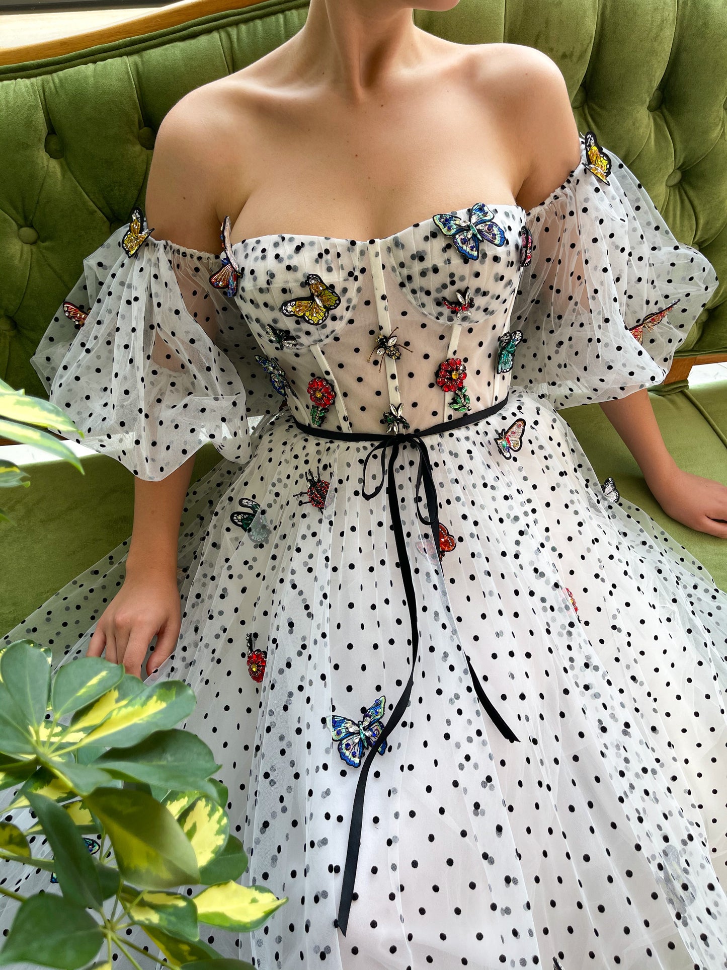 White dotted A-Line dress with embroidered butterflies and short off the shoulder sleeves