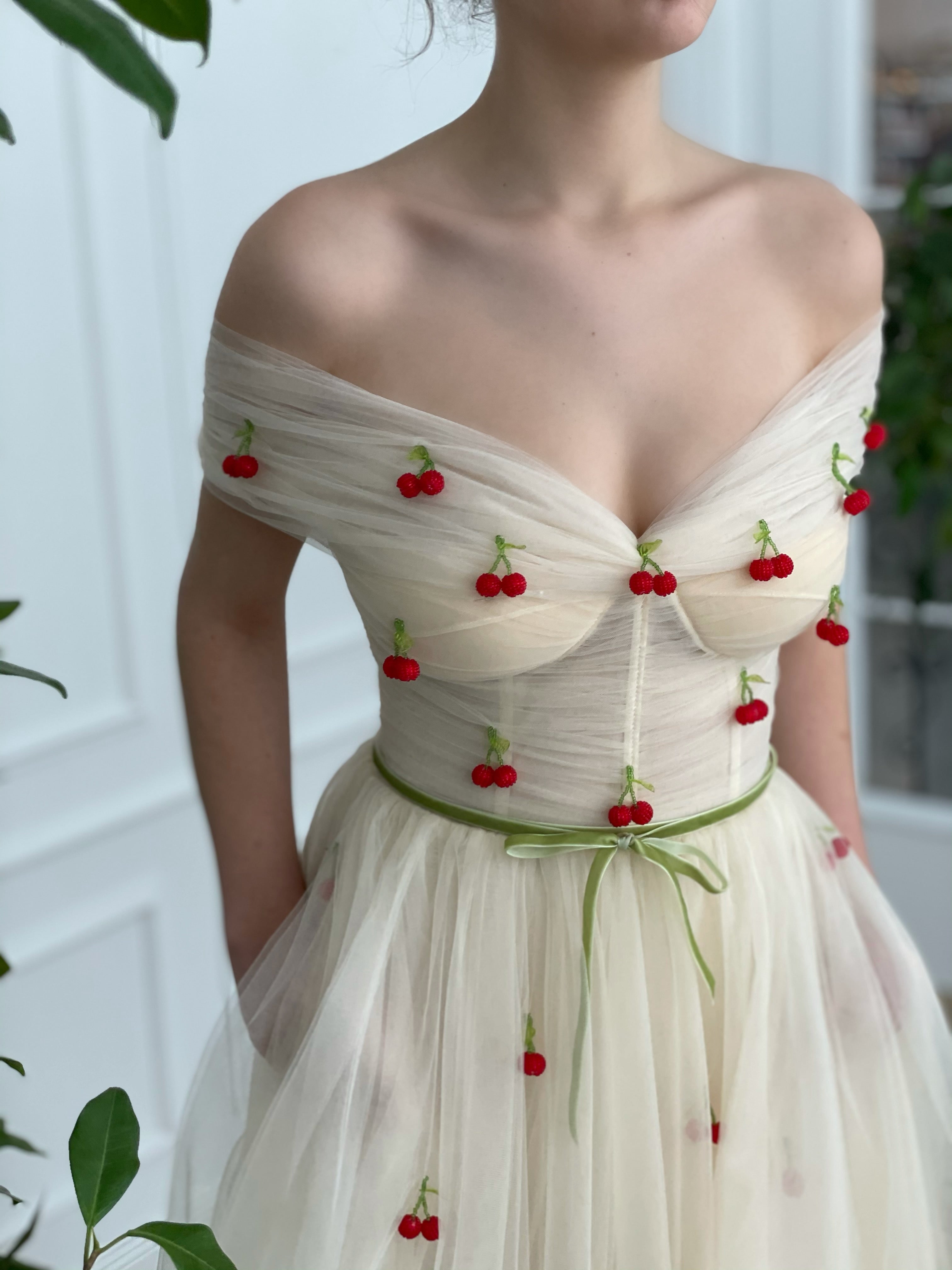 Midi beige bridal dress with embroidered cherries and off the shoulder sleeves