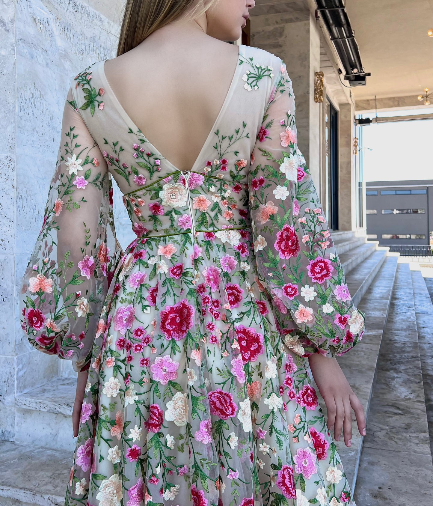Beige A-Line dress with v-neck, long sleeves, embroidery and flowers