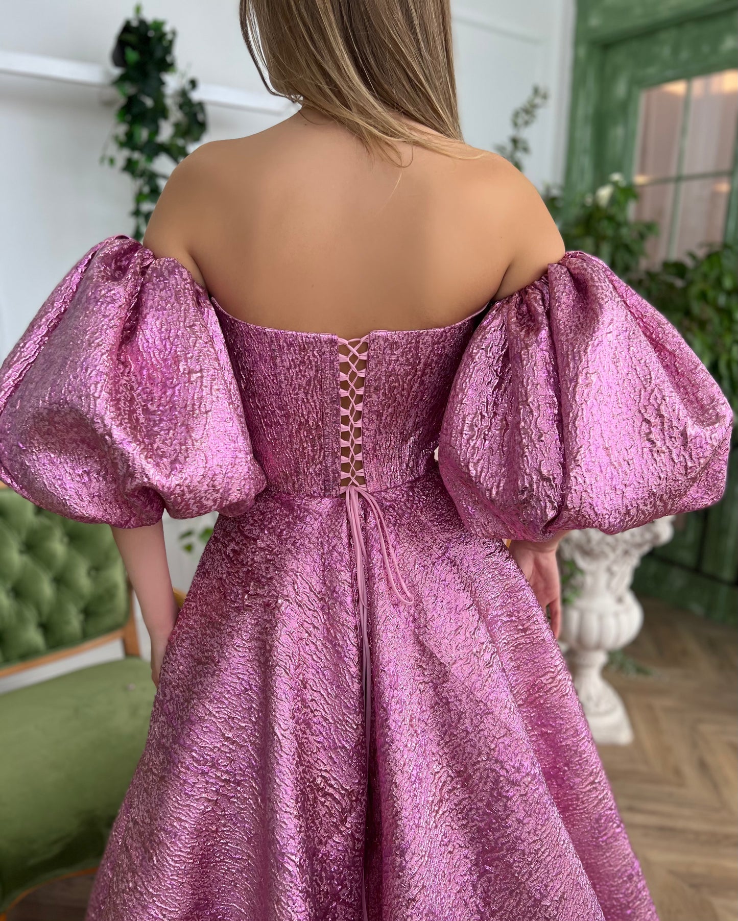 Pink A-Line dress with off the shoulder sleeves, embroidery and taffeta brocade fabric