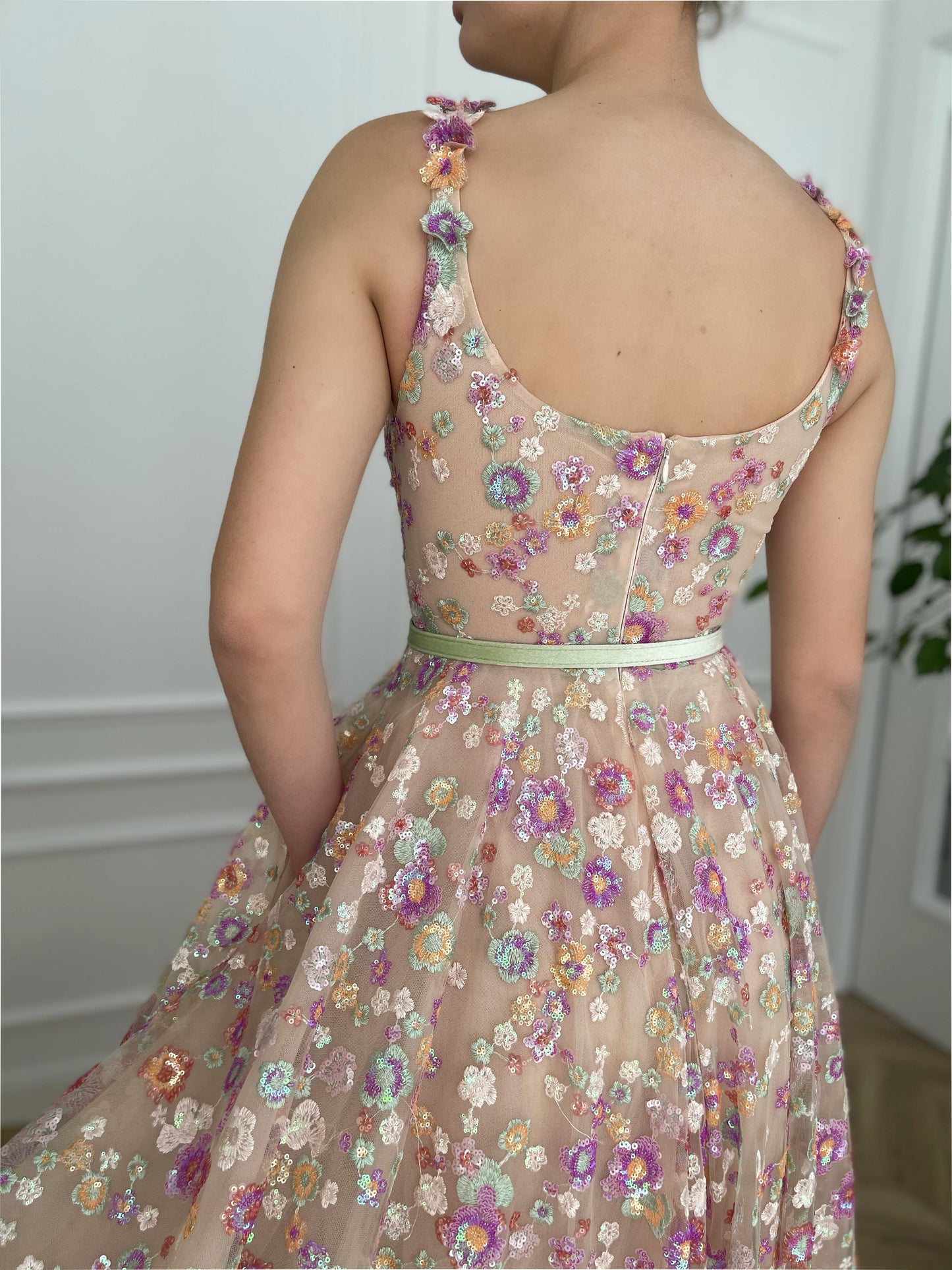Pink A-Line dress with straps, belt and embroidery