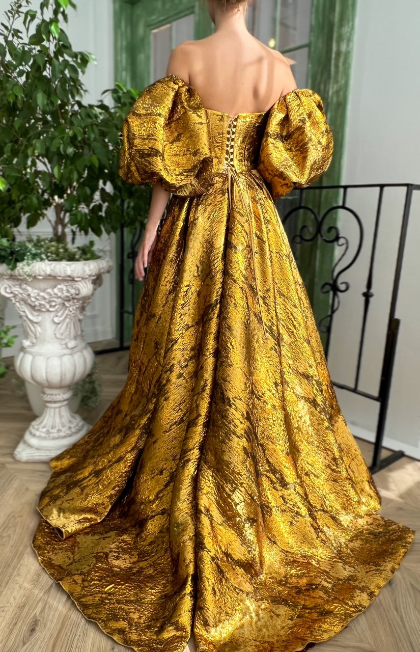 Gold A-Line dress with off the shoulder sleeves and embroidery