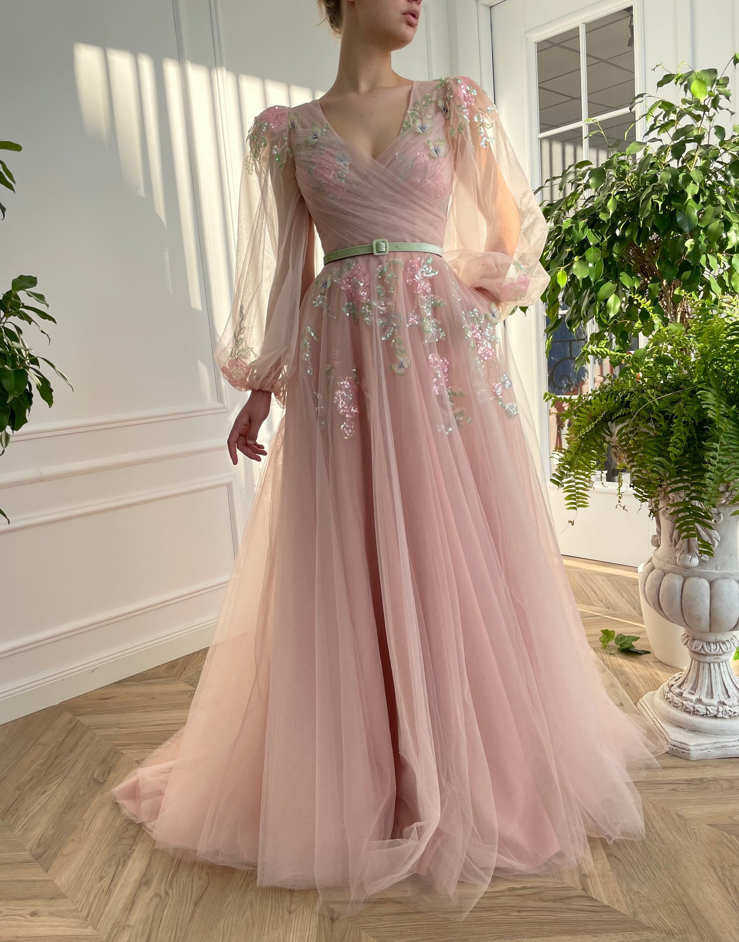 Pink A-Line dress with long sleeves and embroidery
