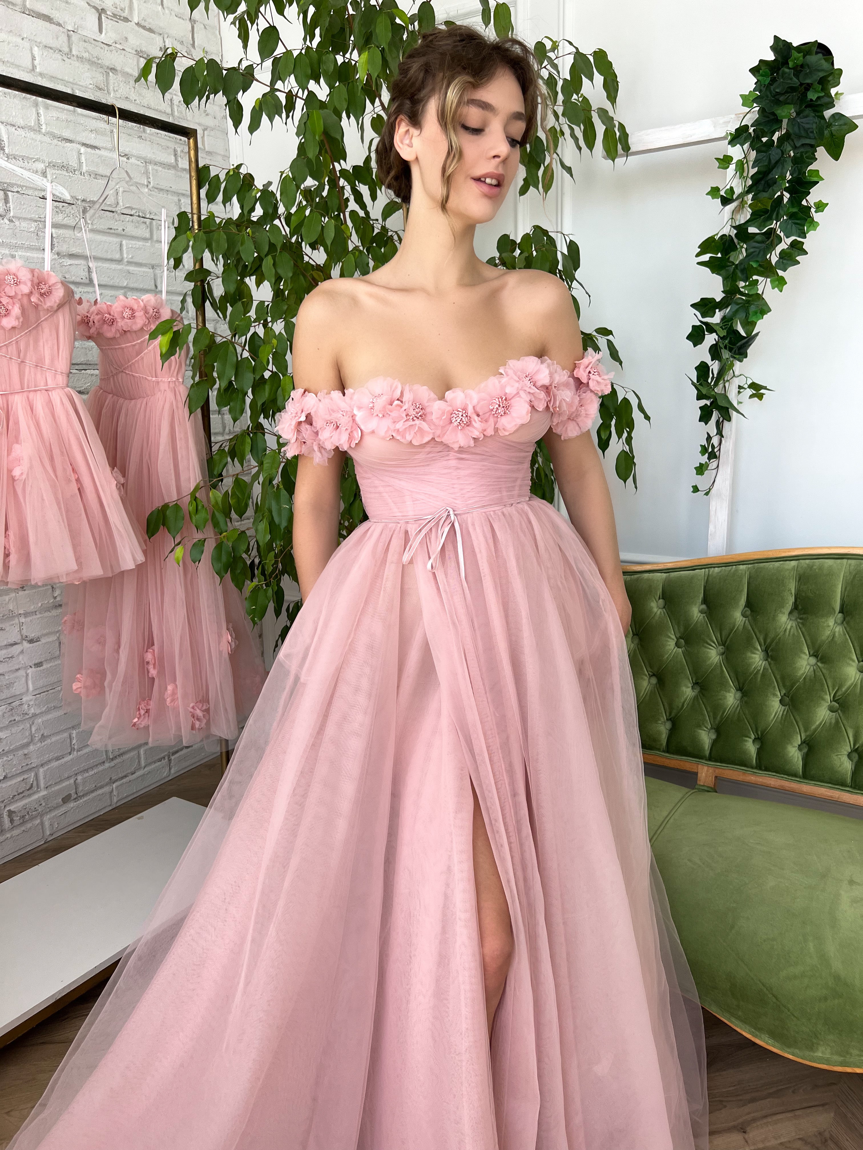 Pink A-Line dress with off the shoulder sleeves, embroidery and flowers