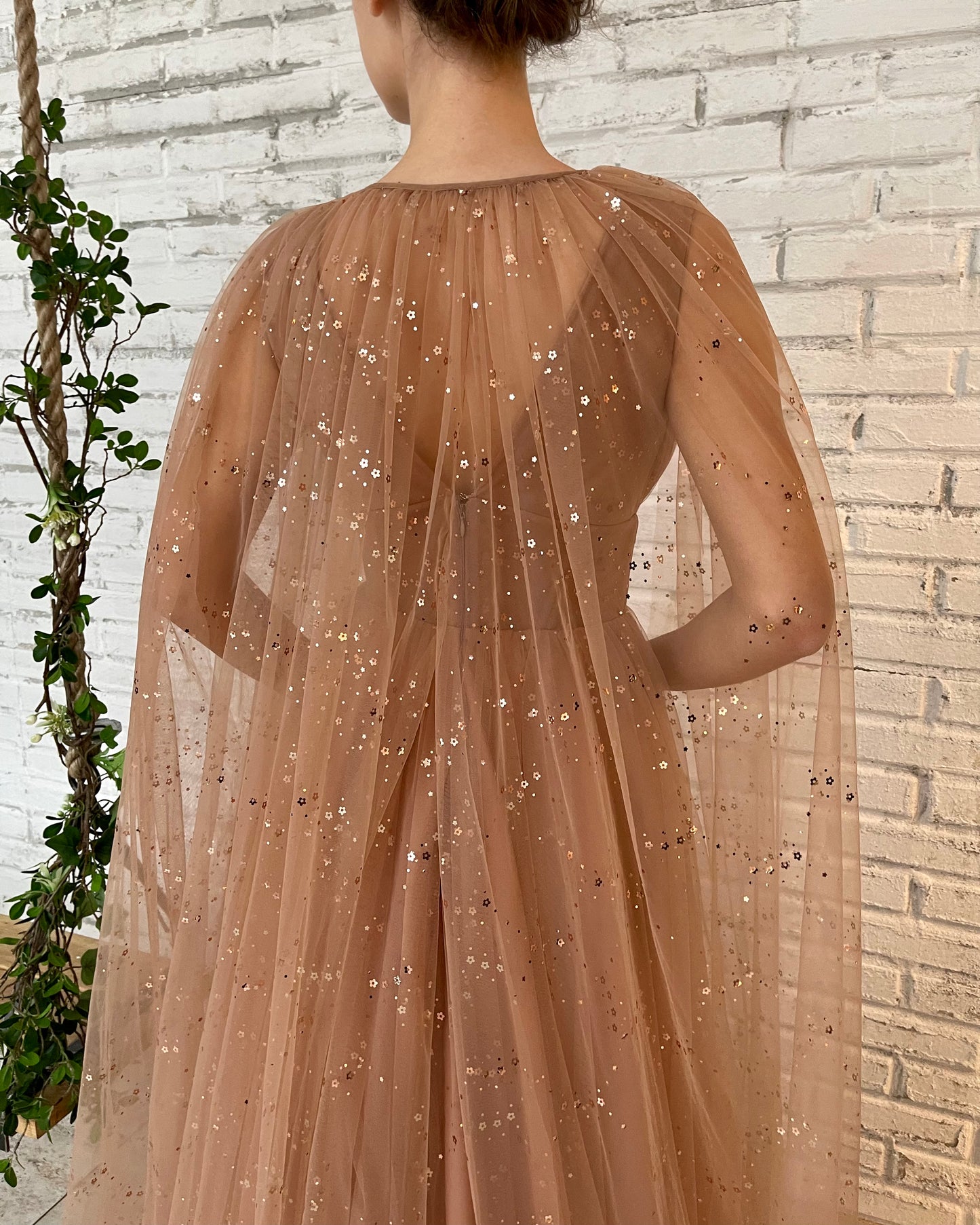 Brown A-Line dress with v-neck, cape sleeves and starry fabric