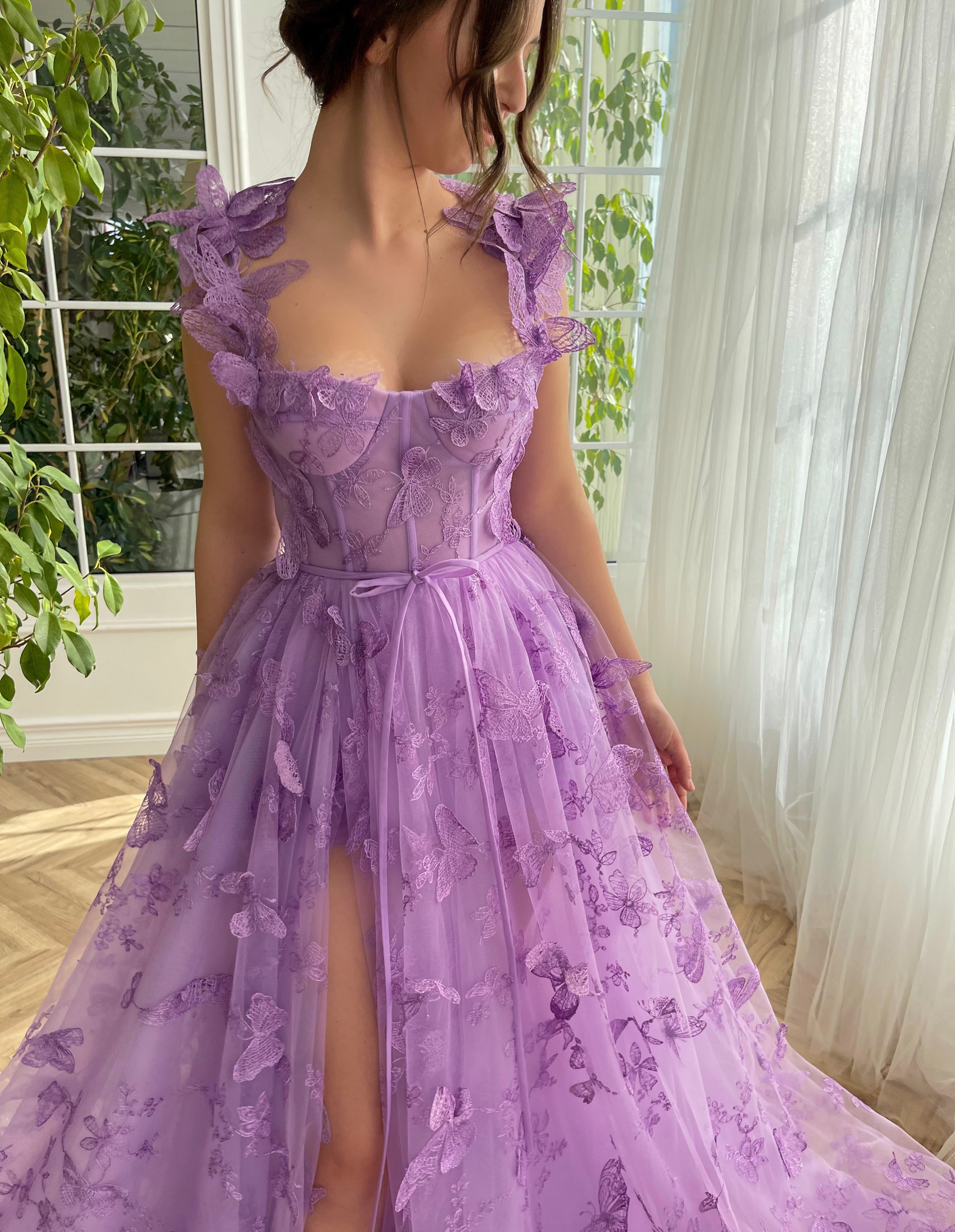 Purple A-Line dress with straps and embroidered butterflies