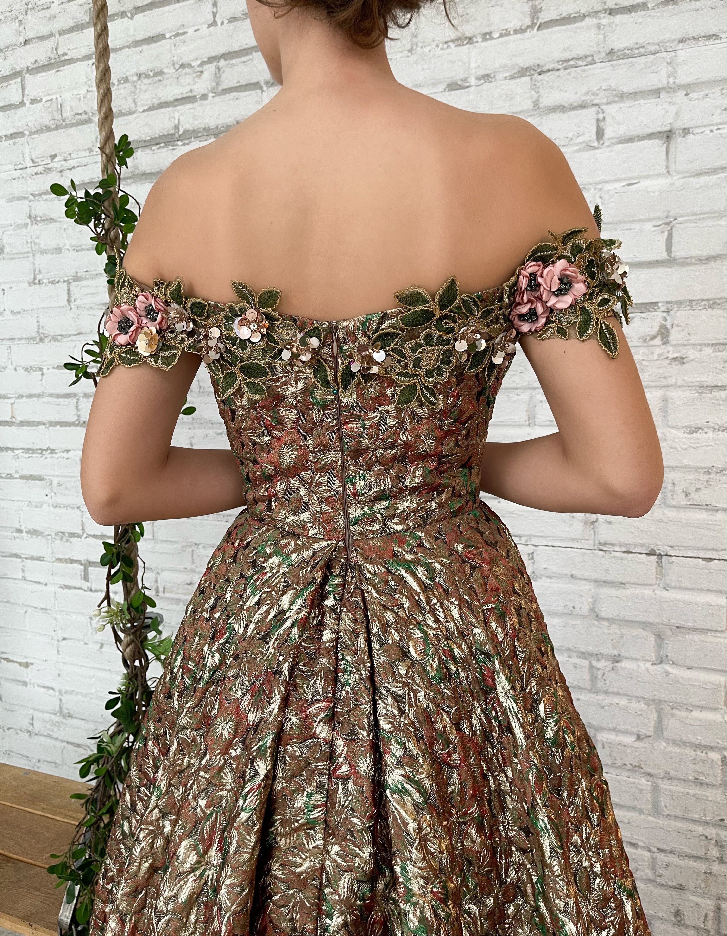 Brown A-Line dress with off the shoulder sleeves and embroidery