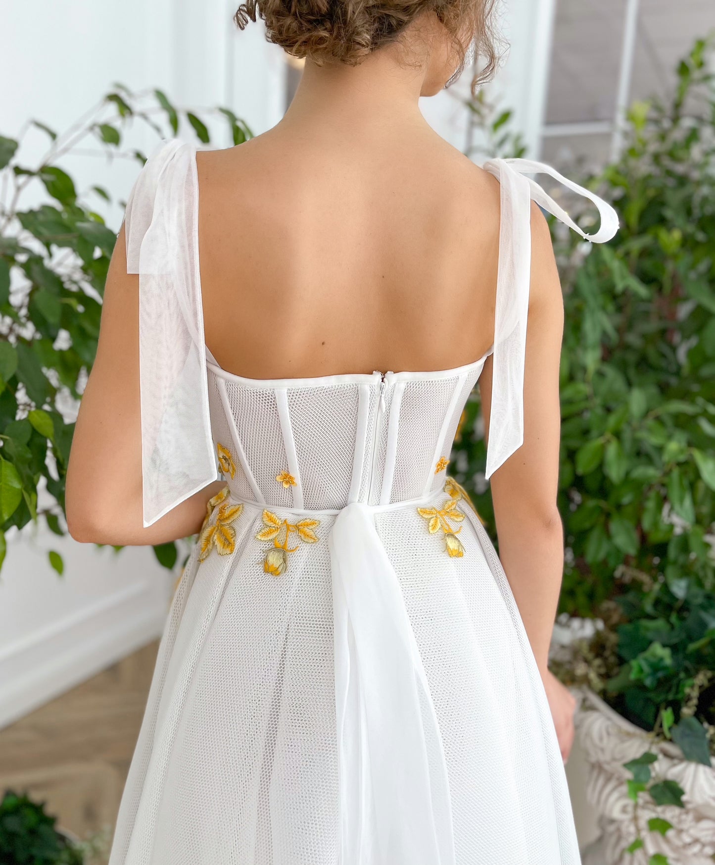 Midi white bridal dress with embroidered flowers and straps