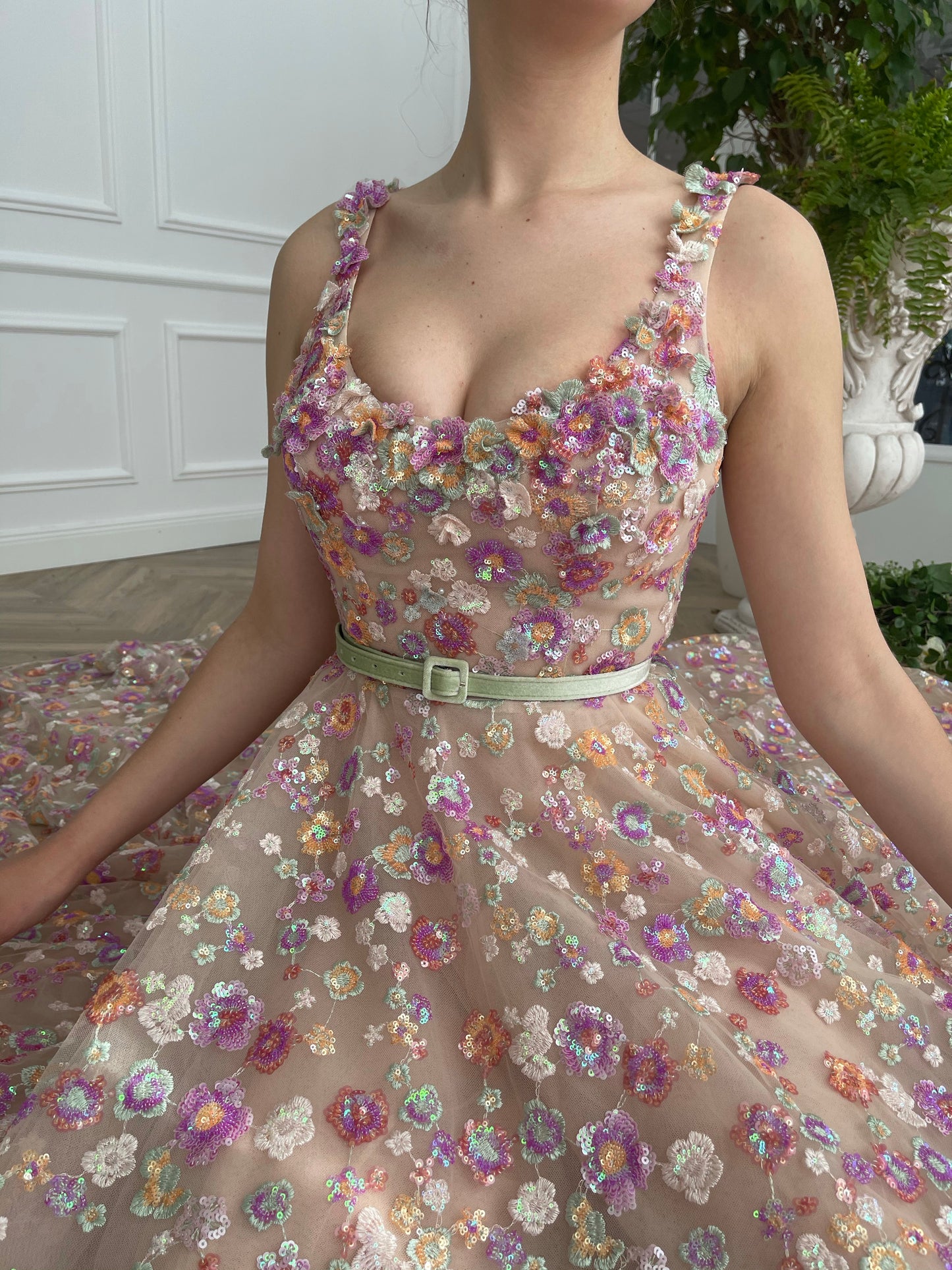 Pink A-Line dress with straps, belt and embroidery