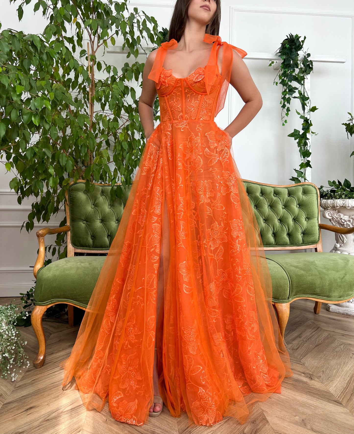 Orange A-Line dress with spaghetti straps, and embroidery