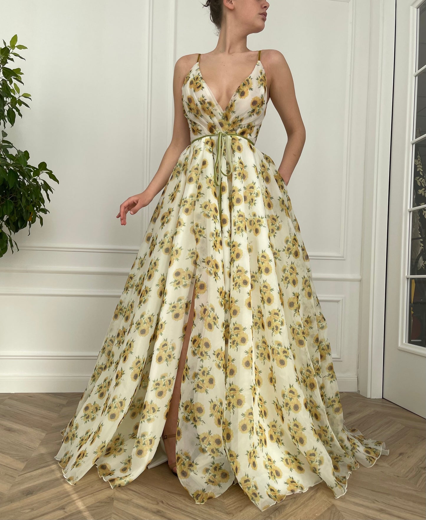 White A-Line dress with spaghetti straps and printed flowers