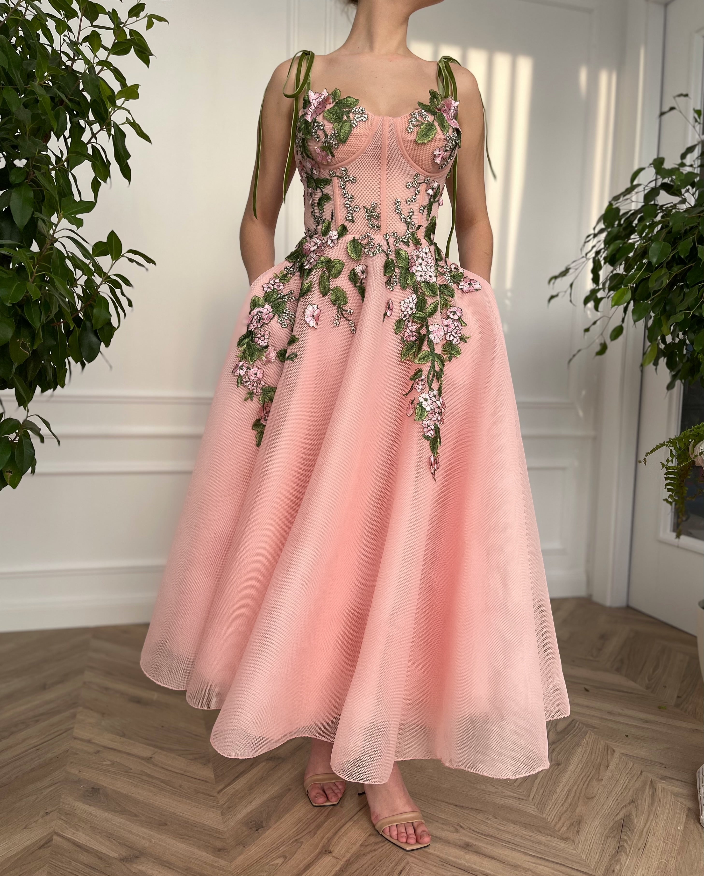 Pink midi dress with embroidery and spaghetti straps