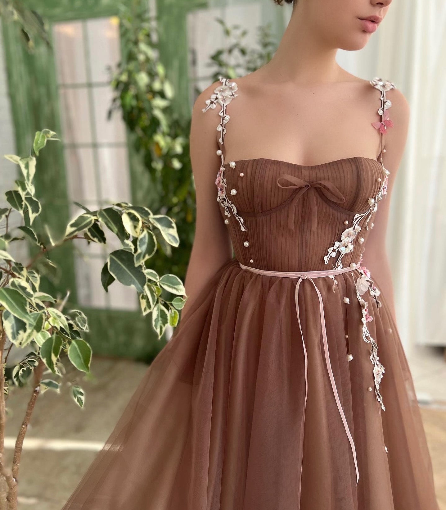 Brown A-Line dress with spaghetti straps and embroidery