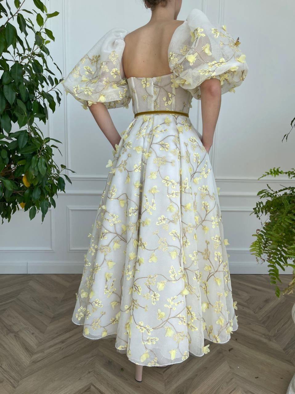Yellow midi dress with embroidery and off the shoulder sleeves